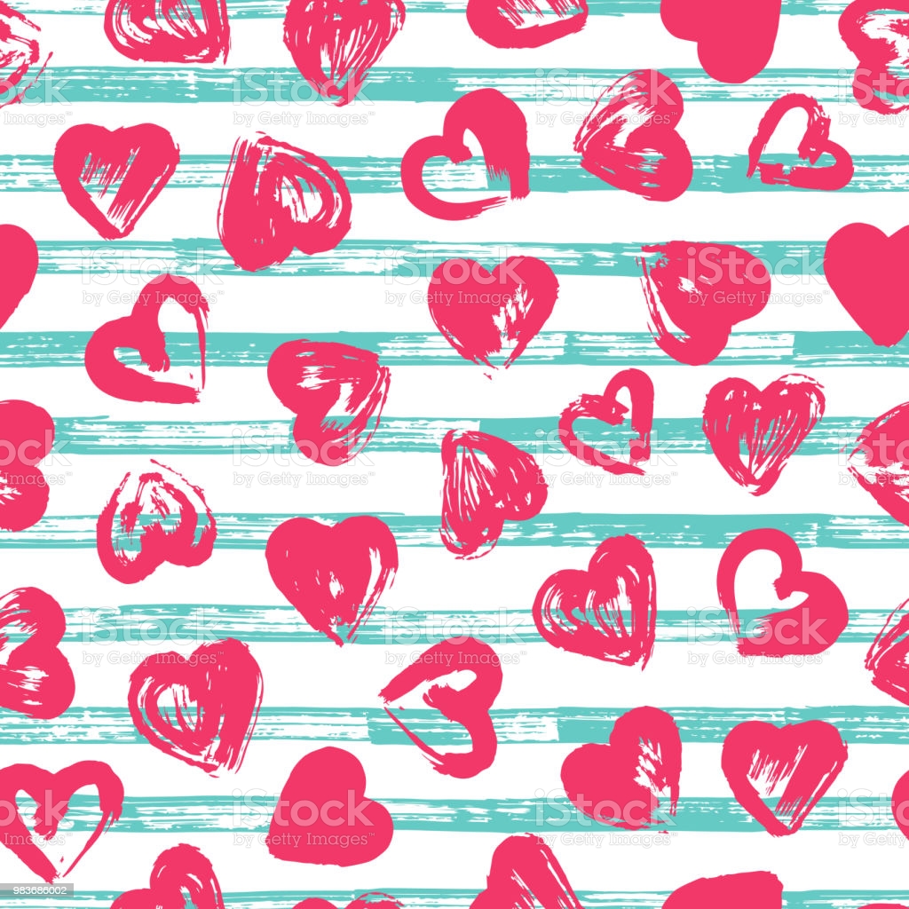Valentines Day Background Grunge Brush Strokes Hearts And Stripes Seamless Pattern Love Stock Illustration Image Now
