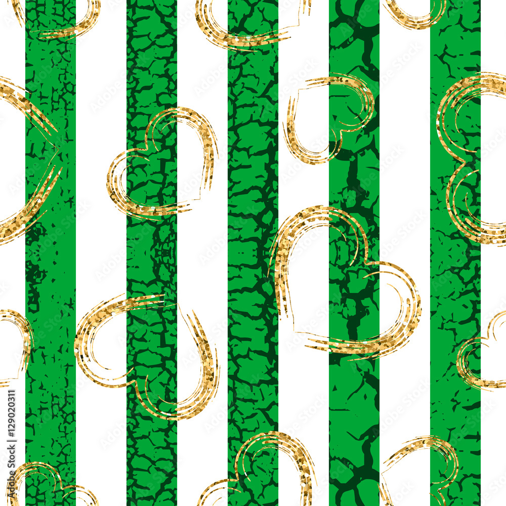 Gold grunge hearts craquelure stripes seamless pattern. Golden glitter confetti. White and green background. Love Valentine day, wedding design card, wallpaper, wrapping, textile Vector Illustration Stock Vector