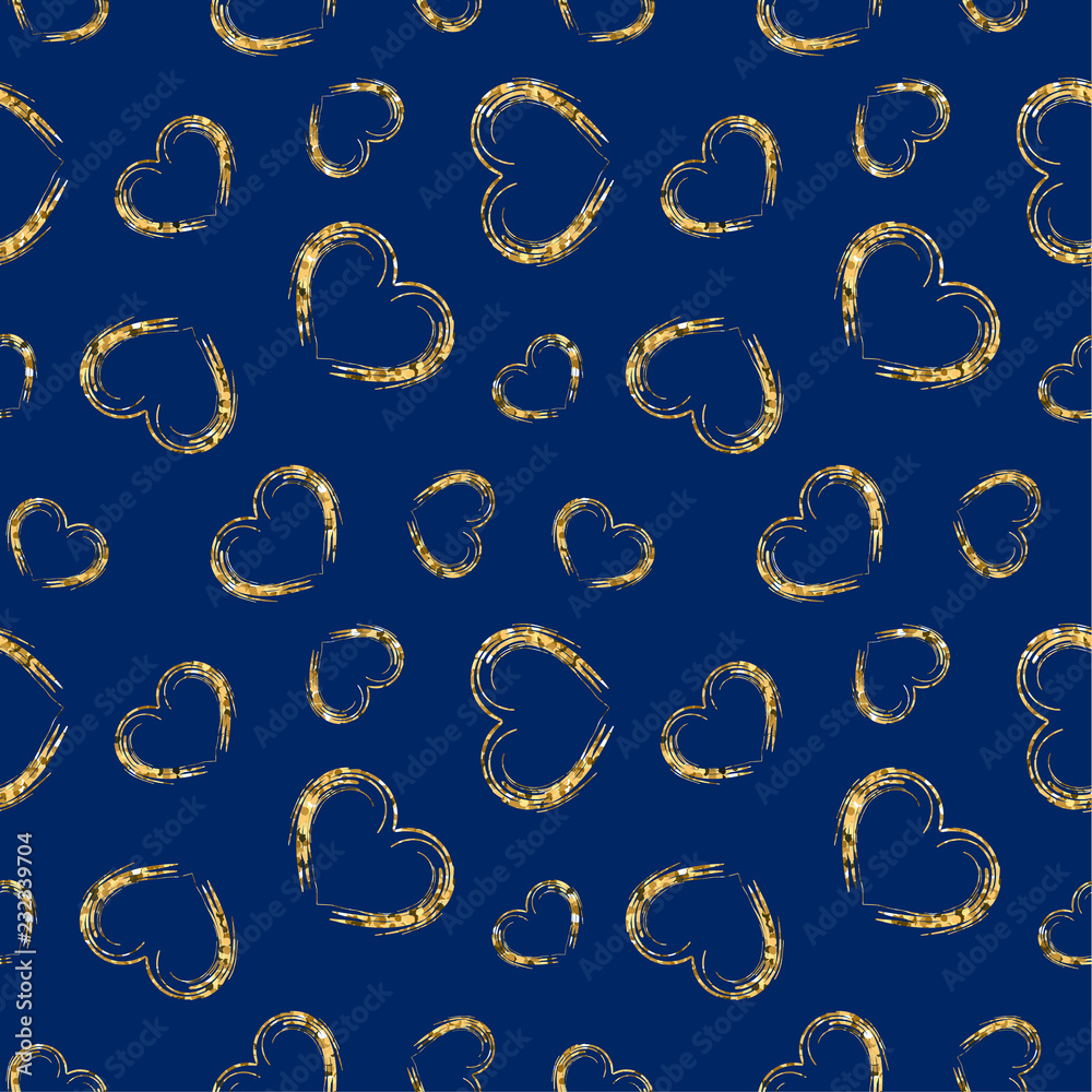 Gold Heart Seamless Pattern. Blue Color, Golden Grunge Confetti Hearts. Symbol Of Love, Valentine Day Holiday. Design Wallpaper, Background, Fabric Texture. Vector Illustration Stock Vector