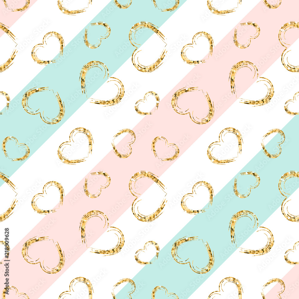 Gold Heart Seamless Pattern. Blue Pink White Geometric Stripes, Golden Grunge Confetti Hearts. Symbol Of Love, Valentine Day Holiday. Design Wallpaper, Background, Fabric Texture. Vector Illustration Stock Vector
