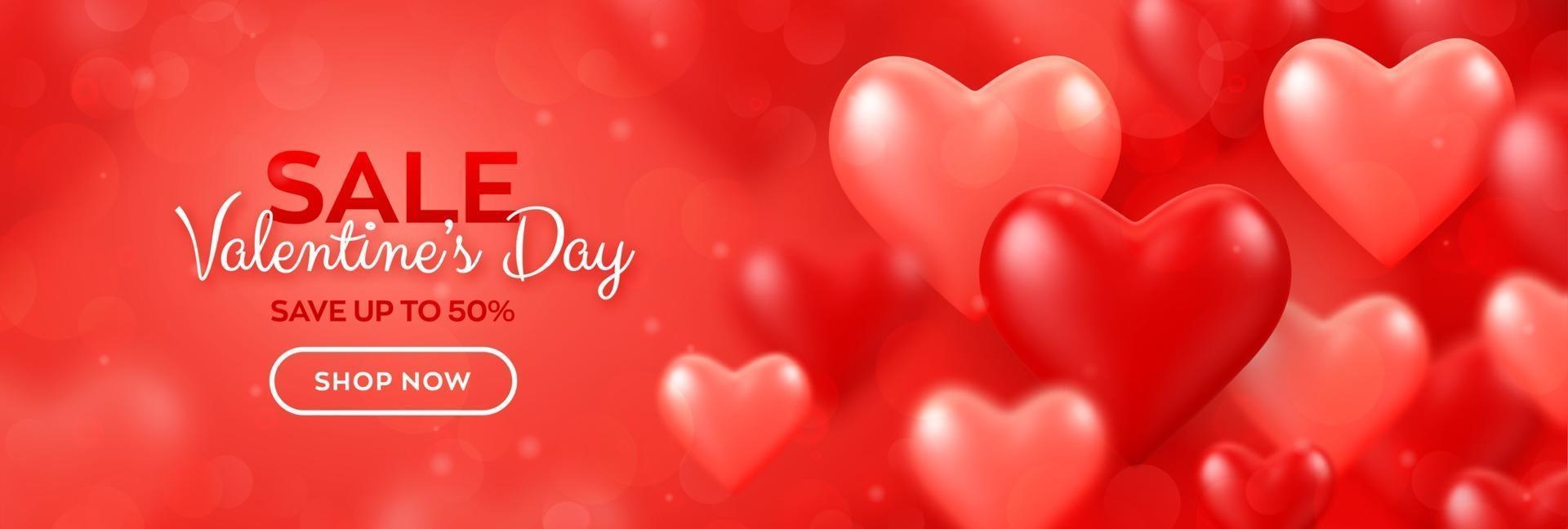 Happy Valentine's Day. Valentines day sale banner with red and pink balloons 3D hearts background. Wallpaper, flyer, invitation, poster, brochure, greeting card