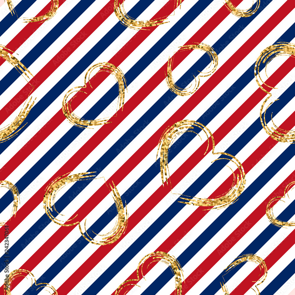 Gold Heart Seamless Pattern. Red Blue White Geometric Stripes, Golden Grunge Confetti Hearts. Symbol Love, Valentine Day Holiday. Design Wallpaper, Background, Fabric Texture. Vector Illustration Stock Vector