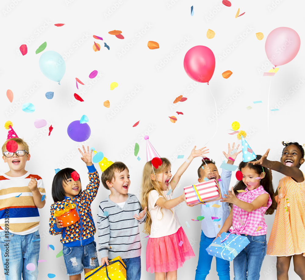 Wall mural Group of kids celebrate birthday party together Nr. wallpaper digital printing