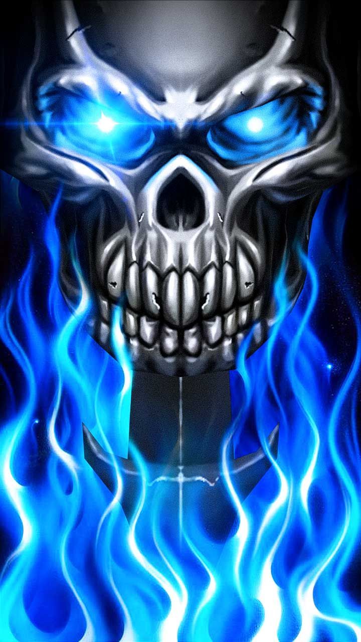 Flame Skull fire. Blue metal skull wallpaper. #fire #flame #skull #metallic. Skull wallpaper, Skull fire, Skull artwork
