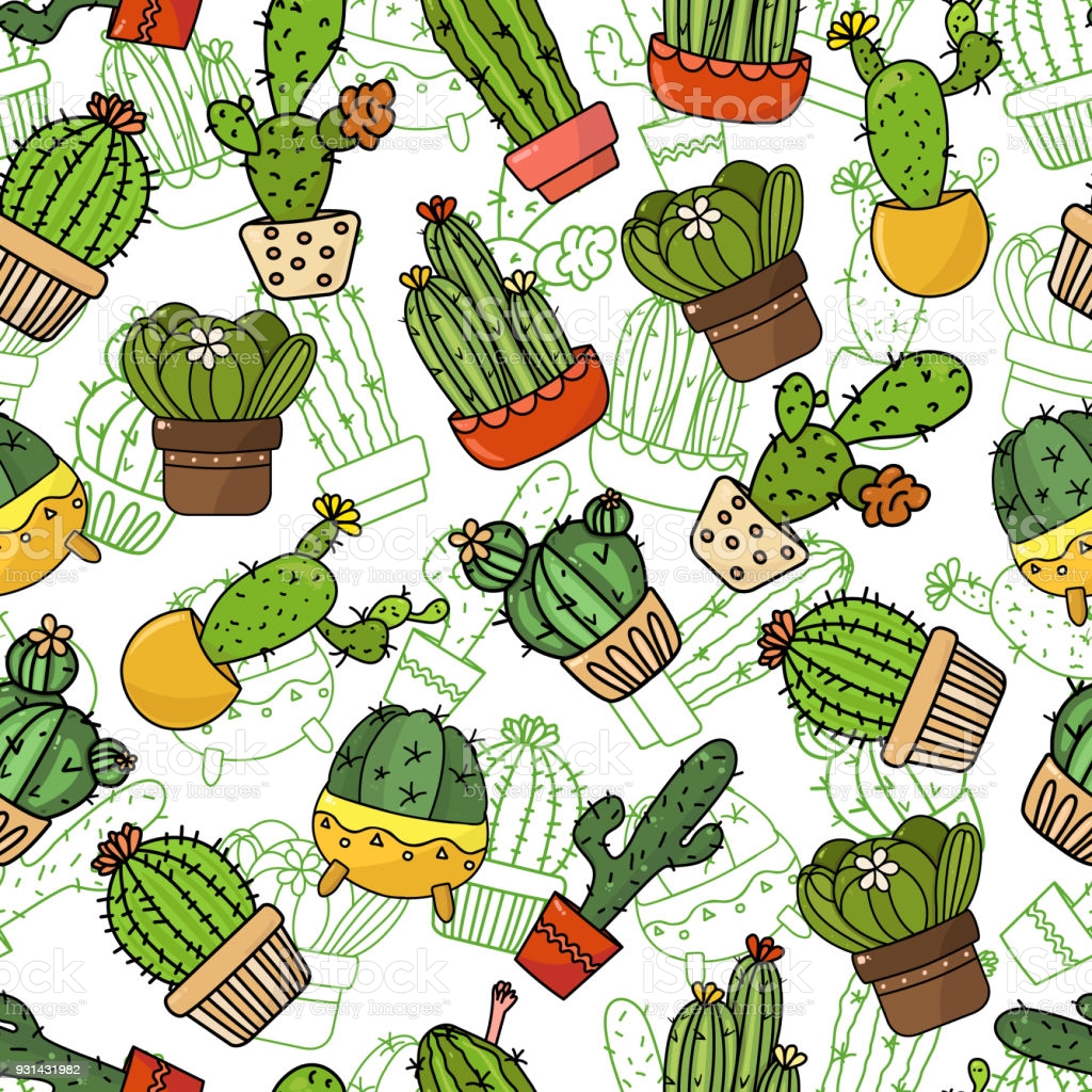 Seamless Background Wallpaper Texture Backdrop Cartoon Cacti Collection Of Vector Doodle Illustrations For Printing Web Design Packaging Cover Postcard Advertising Cactus In Pots Stock Illustration Image Now