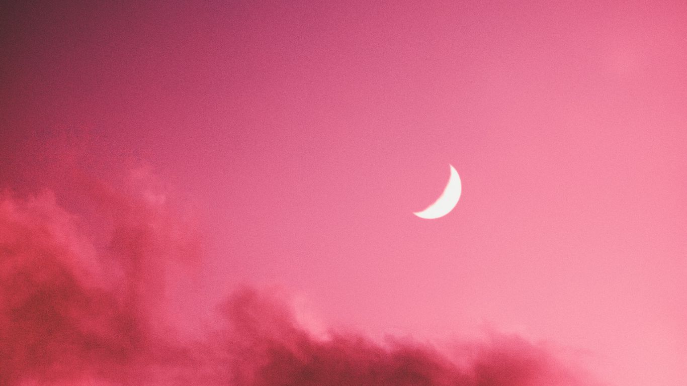 Download wallpaper 1366x768 moon, clouds, sky, pink tablet, laptop HD background