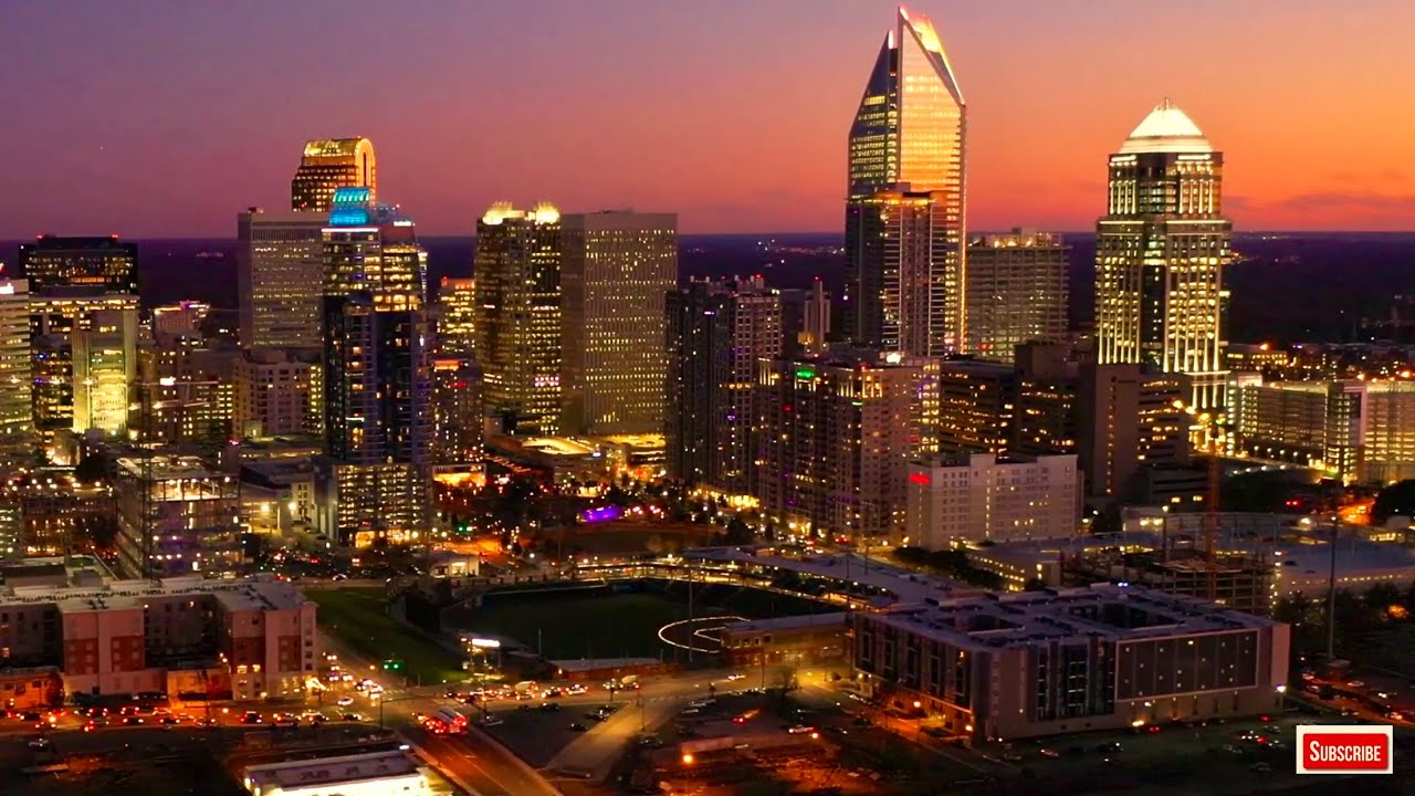 Charlotte, North Carolina Skyline at Night 4K Screensaver. Charlotte, NC Drone Footage 4K