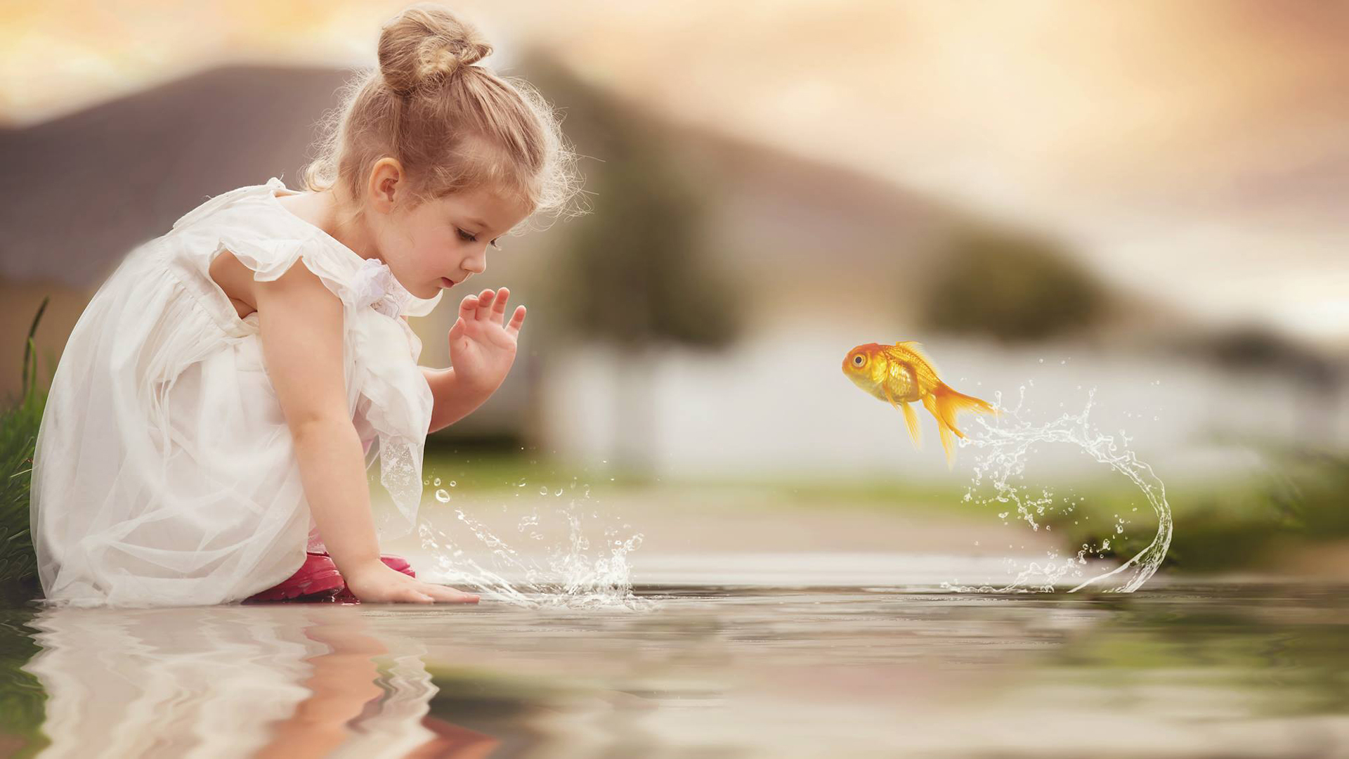 Cute Little Girl Is Playing On Water Wearing White Dress With Reflection HD Cute Wallpaper