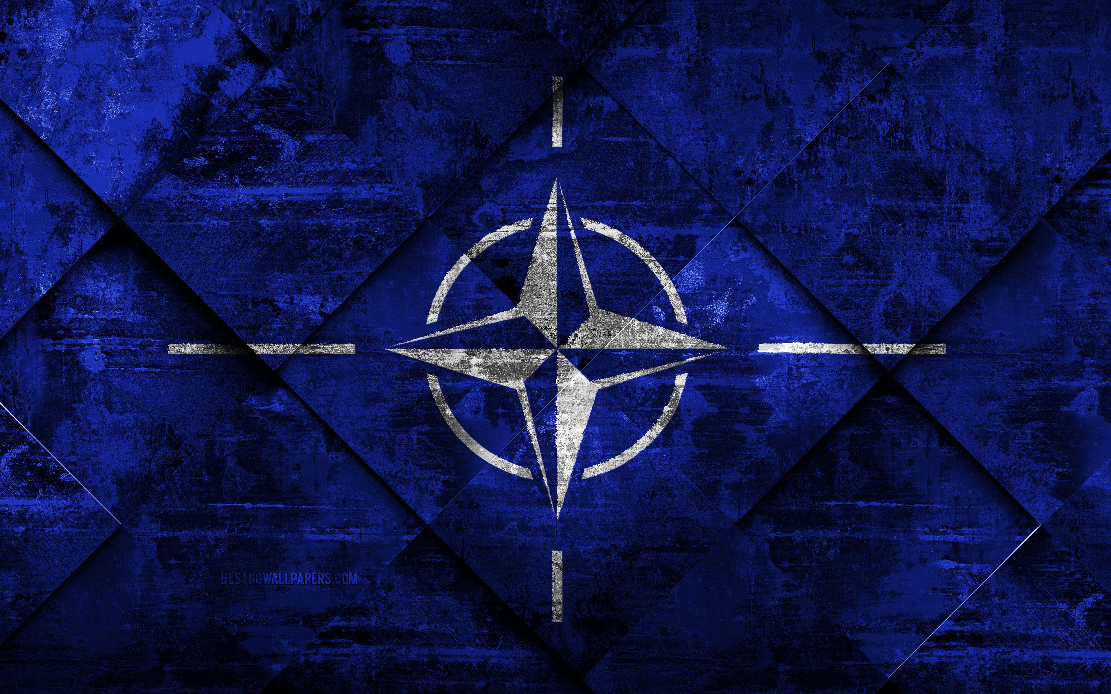 Download wallpaper Flag of NATO, 4k, grunge art, rhombus grunge texture, NATO flag, International Organization, national symbols, NATO, creative art, North Atlantic Treaty Organization for desktop with resolution 3840x2400. High Quality HD