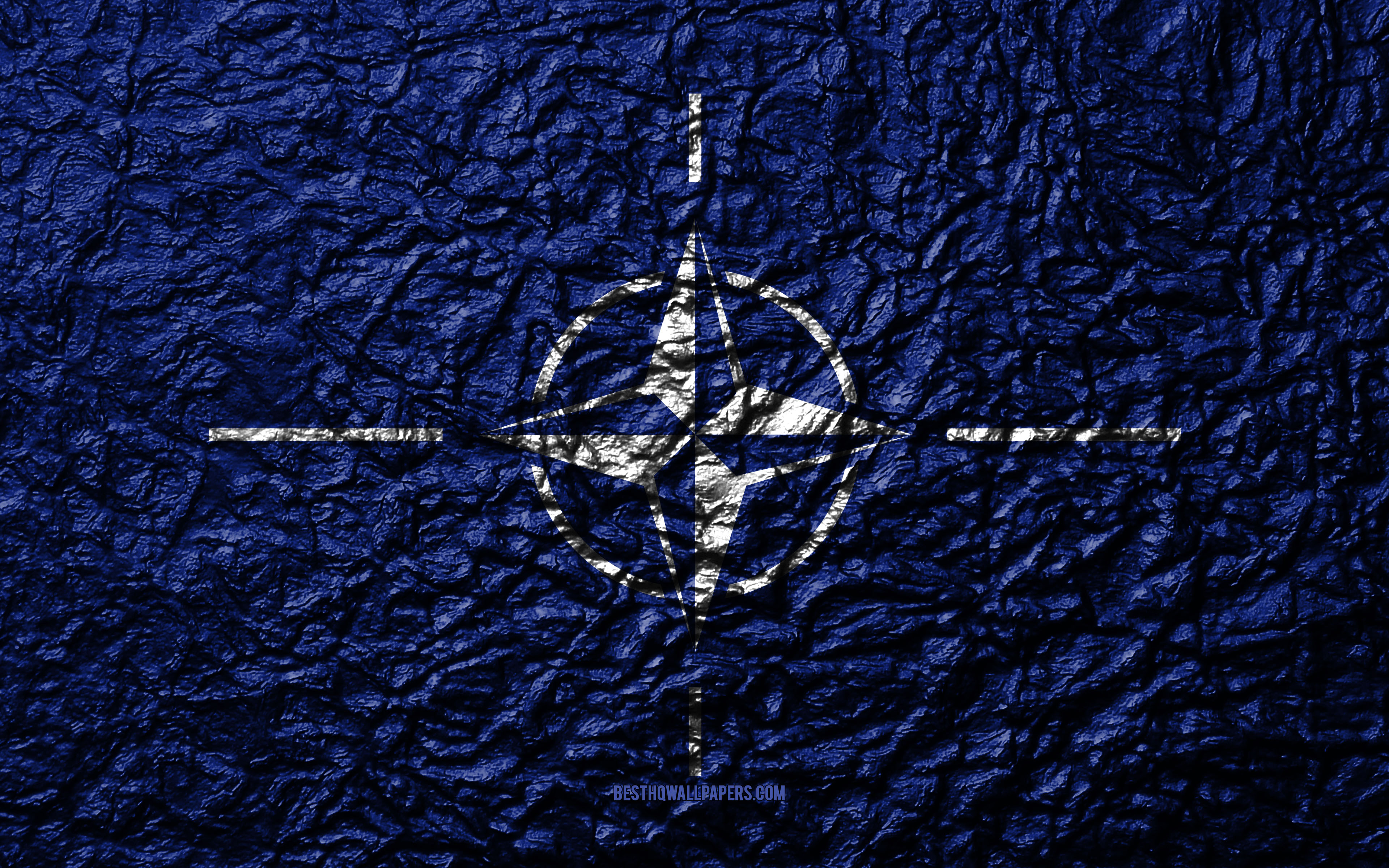 Download wallpaper Flag of NATO, 4k, stone texture, waves texture, international organization, NATO flag, North Atlantic Treaty Organization for desktop with resolution 3840x2400. High Quality HD picture wallpaper