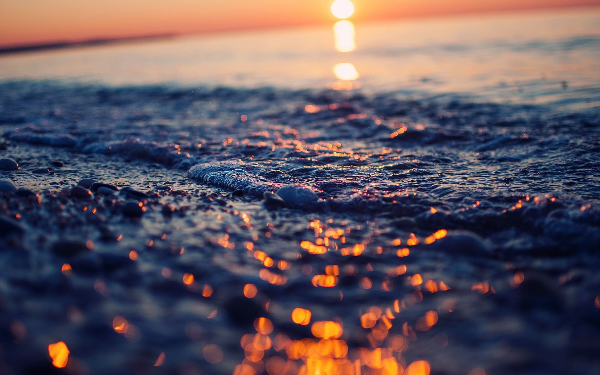 nature, Beaches, Sand, Foam, Waves, Shore, Tilt, Shift, Sparkle, Ripple, Ocean, Sea, Lakes, Sunset, Sunrise, Color, Wet, Sky, Bokeh Wallpaper HD / Desktop and Mobile Background