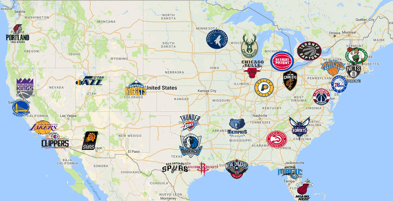 Map of National Basketball Association (NBA) Teams. Nba basketball teams, Nba, Map