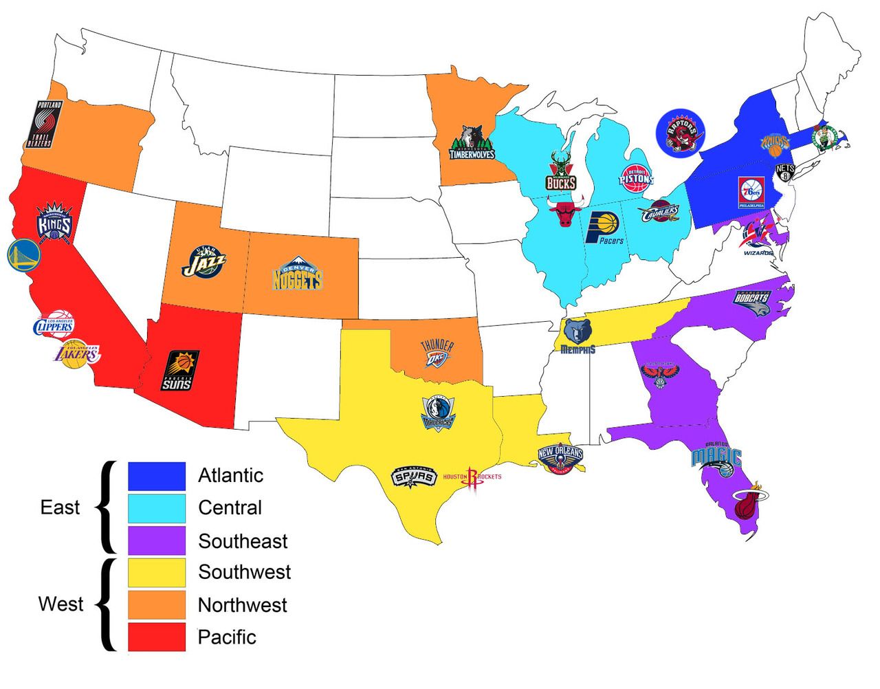 Map of all the NBA teams organised by conference and geographical division Woodard for Tristan Lee. and Liam Ash. Team organization, Nba teams, Fun sports