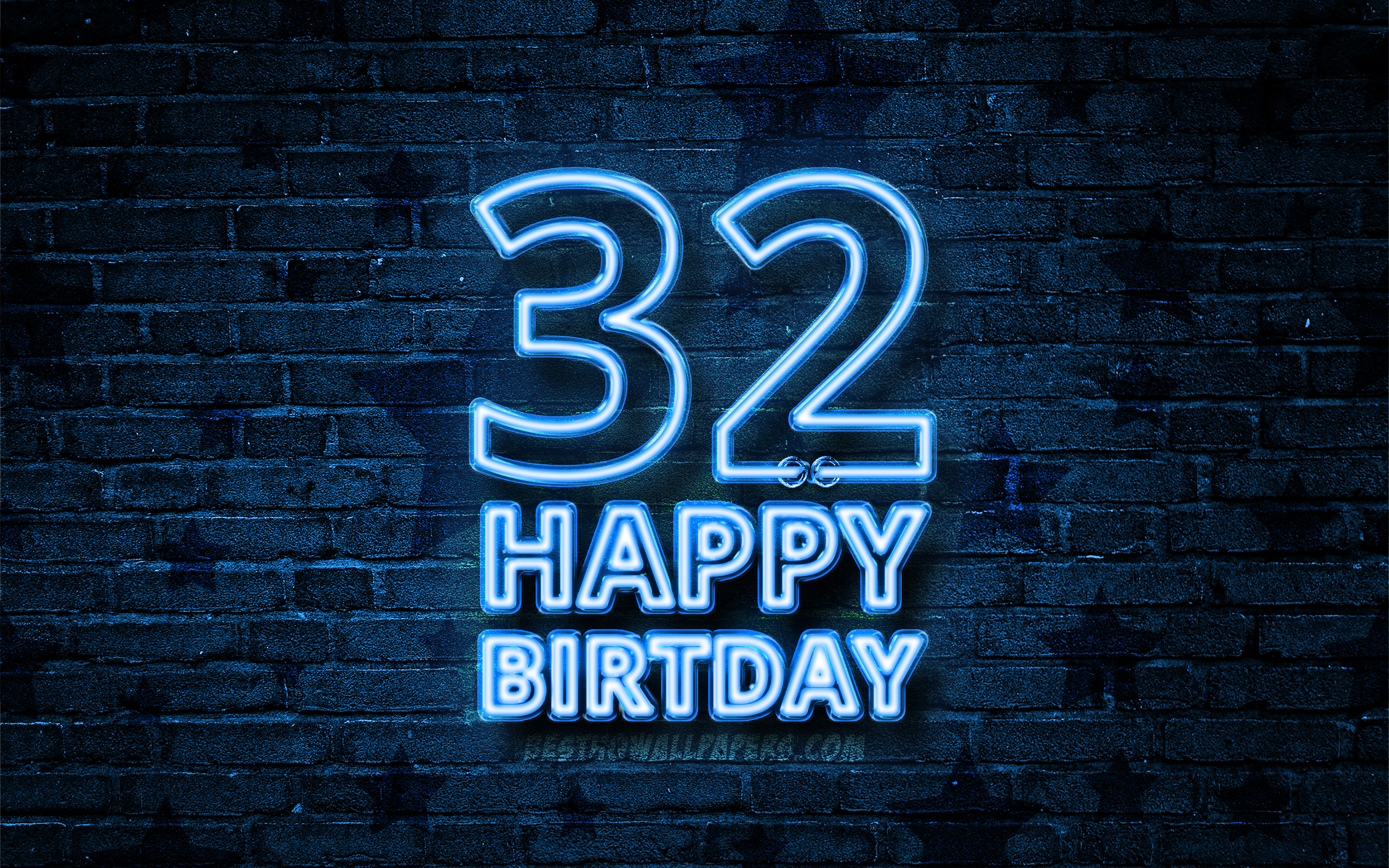 Download wallpaper Happy 32 Years Birthday, 4k, blue neon text, 32nd Birthday Party, blue brickwall, Happy 32nd birthday, Birthday concept, Birthday Party, 32nd Birthday for desktop with resolution 3840x2400. High Quality HD