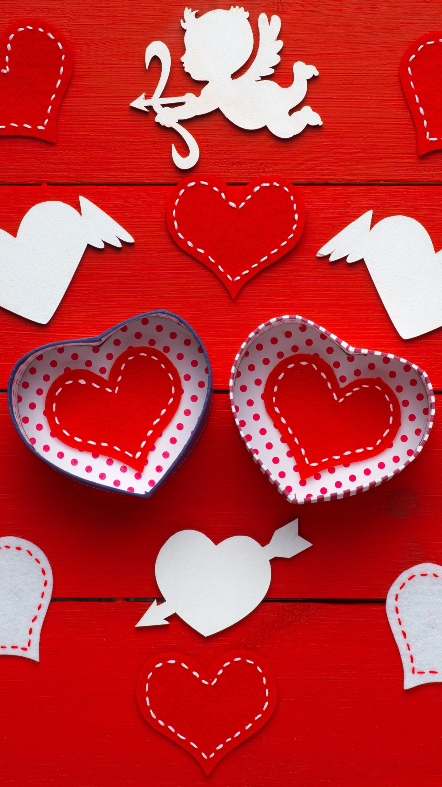White Red Hearts On Red Table 4K 5K HD Valentines Day Wallpaper