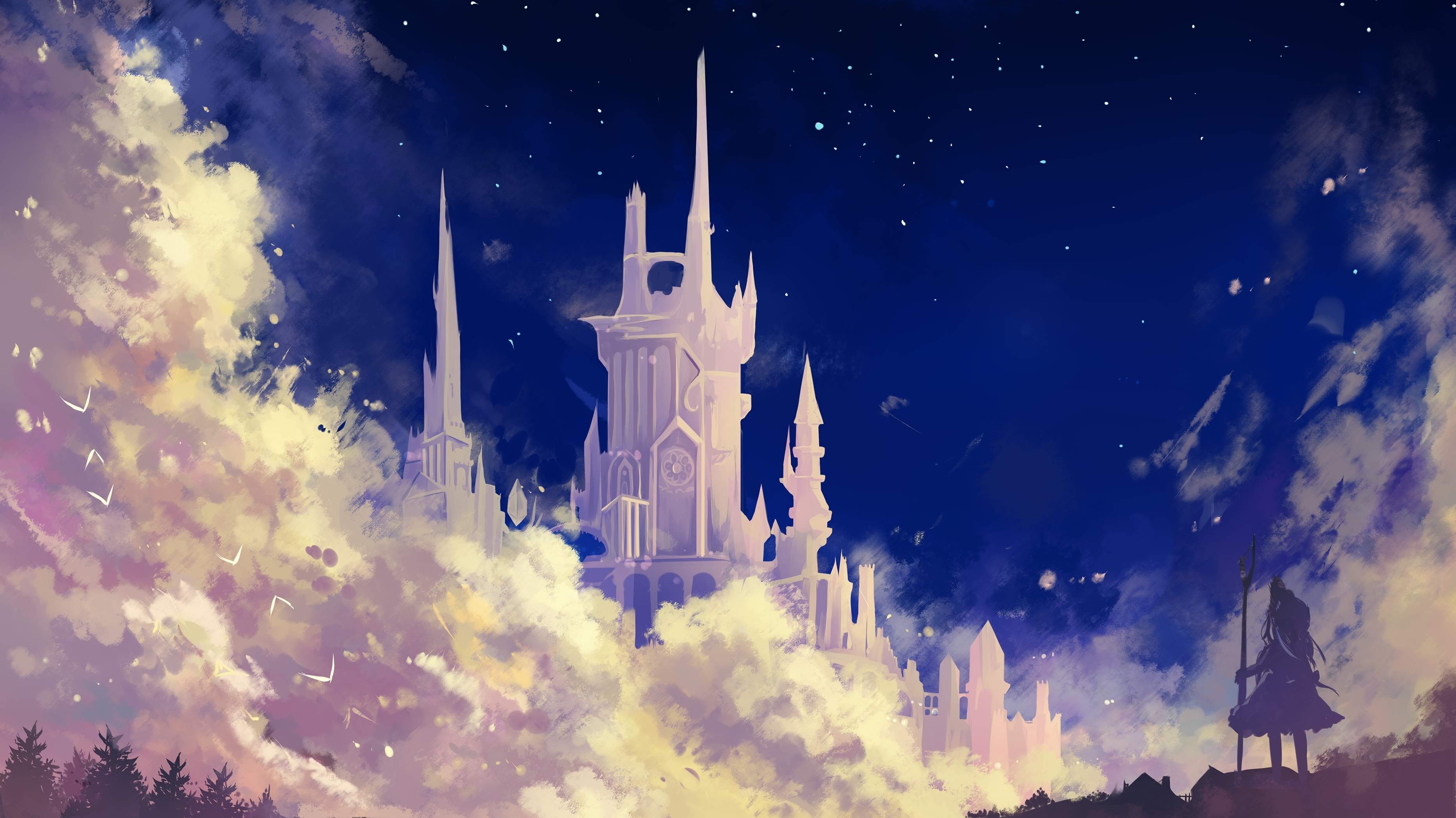 Wallpaper Fantasy White Castle, Woman, Clouds, Stars:3734x2099
