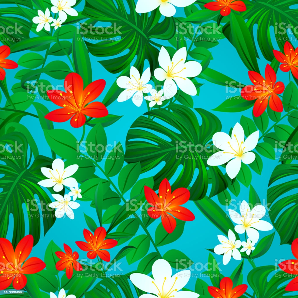 Tropical Background Summer Seamless Pattern Exotic Leaves Flowers Repeated Texture Vector Design Colorful Floral Wallpaper With Jungle Plants Bright Colors Green Red White Blue Stock Illustration Image Now