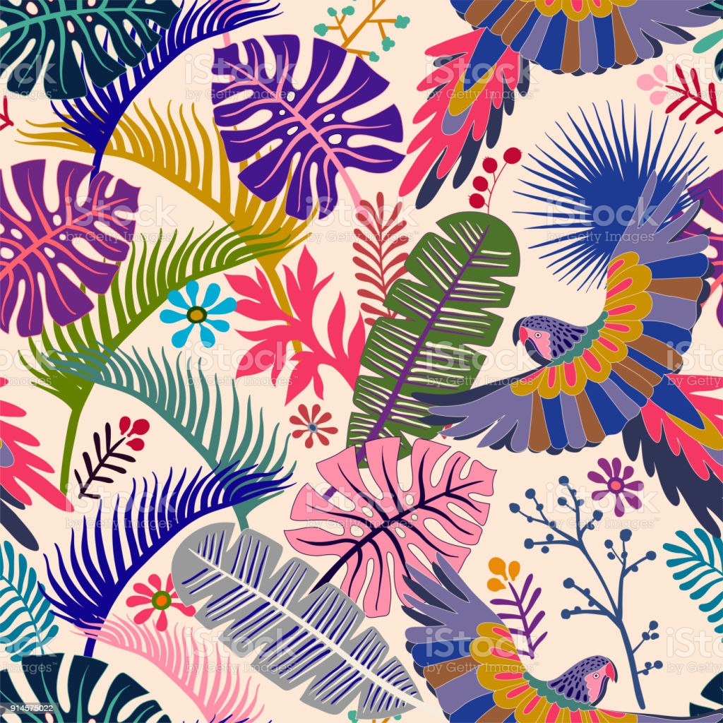 Vector Seamless Pattern With Palm Leaves And Parrots Vector Tropical Wallpaper Bright Colorful Botanical Backdrop Stock Illustration Image Now
