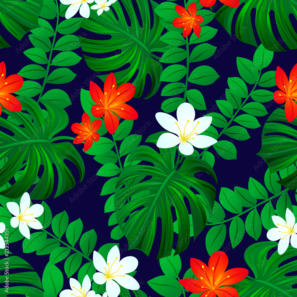 Summer tropic background. Tropical seamless pattern. Exotic leaves repeated texture. Vector card. Colored floral wallpaper with tropical jungle plants, flowers. Bright colors. Green, red, white, dark. Stock Vector