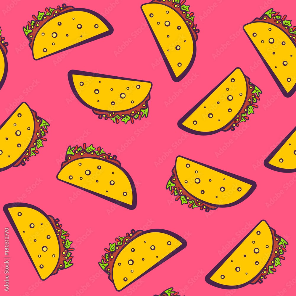 Colorful seamless pattern with cute cartoon mexican taco on pink background. Comic flat girlish pop art tacos texture for fast food textile, wrapping paper, package, restaurant or cafe menu banners Stock Vector