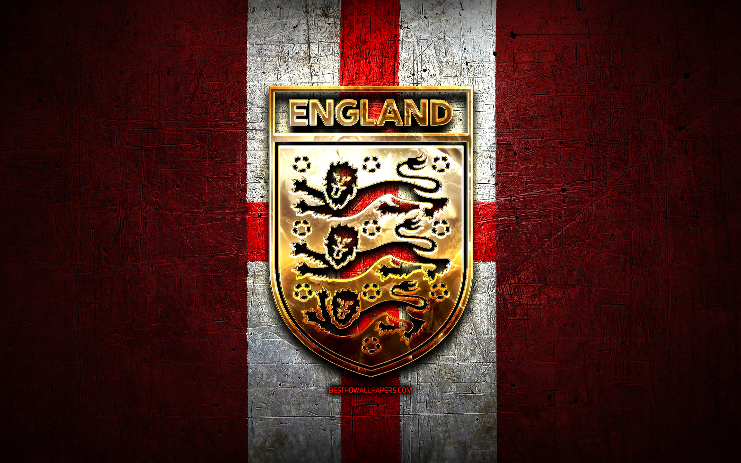 Download wallpaper England National Football Team, golden logo, Europe, UEFA, red metal background, English football team, soccer, EFA logo, football, England for desktop with resolution 2880x1800. High Quality HD picture wallpaper