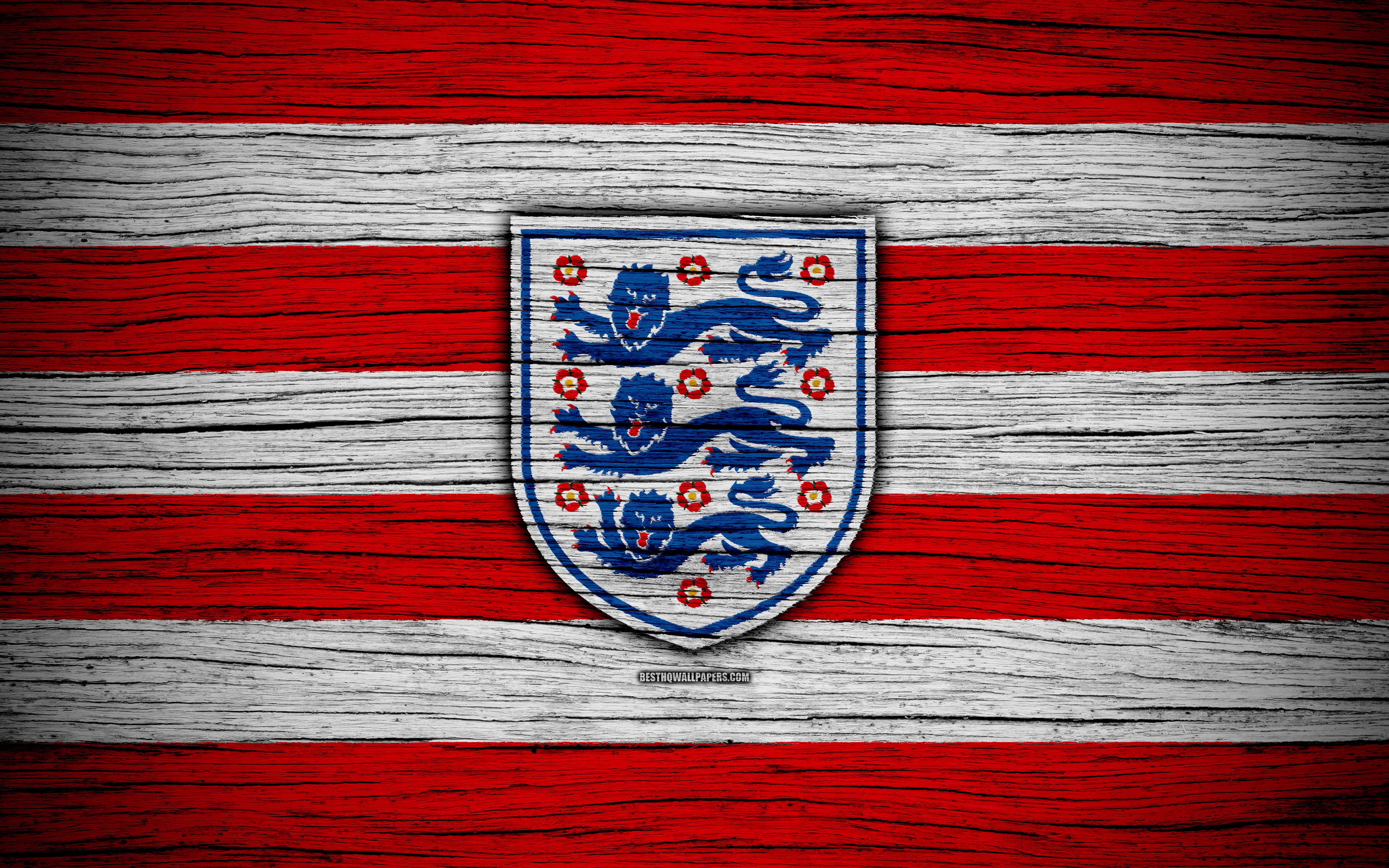Download wallpaper 4k, England national football team, logo, Europe, football, wooden texture, soccer, England, European national football teams, English Football Federation for desktop with resolution 3840x2400. High Quality HD picture wallpaper