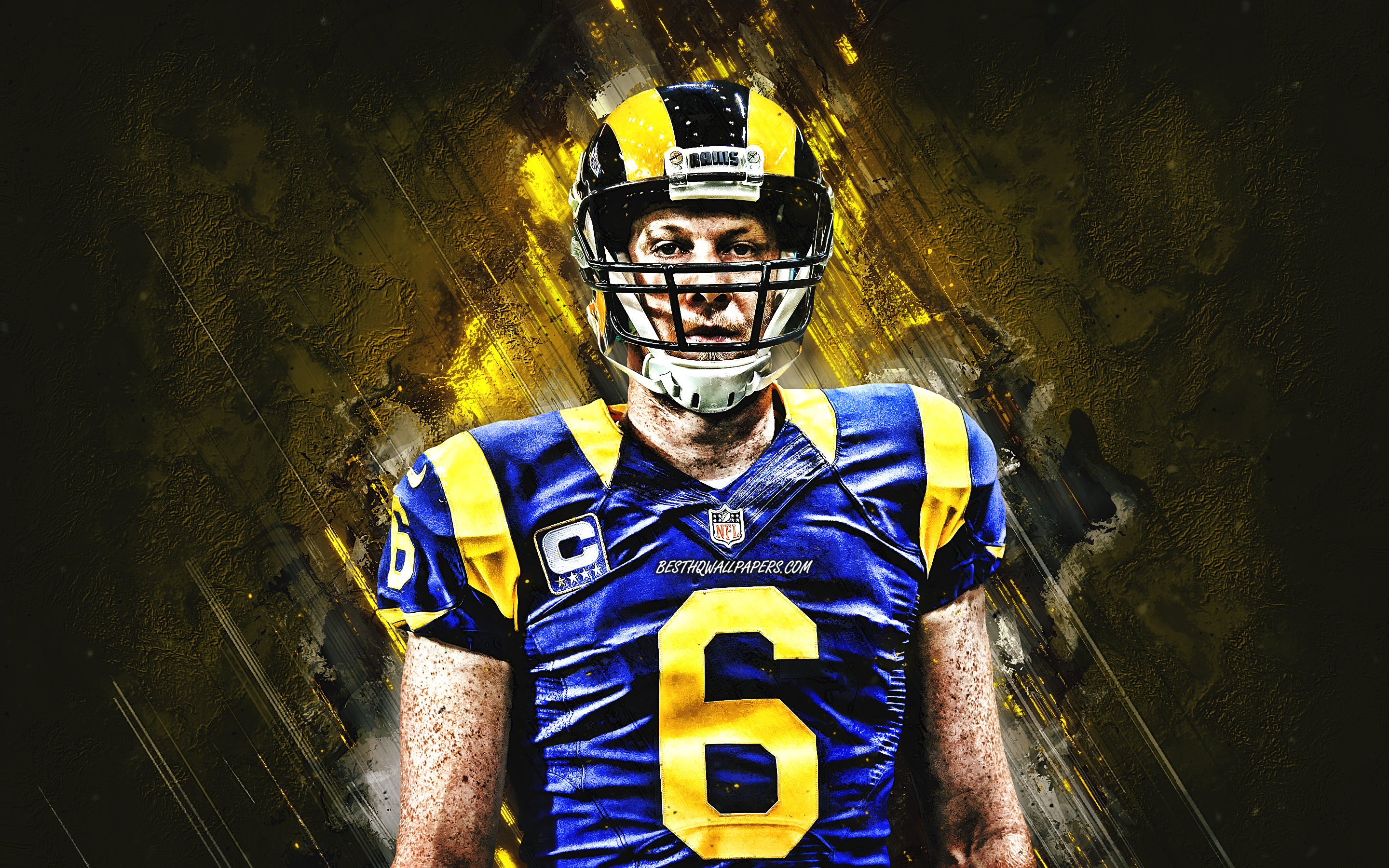 Download wallpaper Johnny Hekker, Los Angeles Rams, NFL, American Football, Blue Stone Background, National Football League for desktop with resolution 2880x1800. High Quality HD picture wallpaper