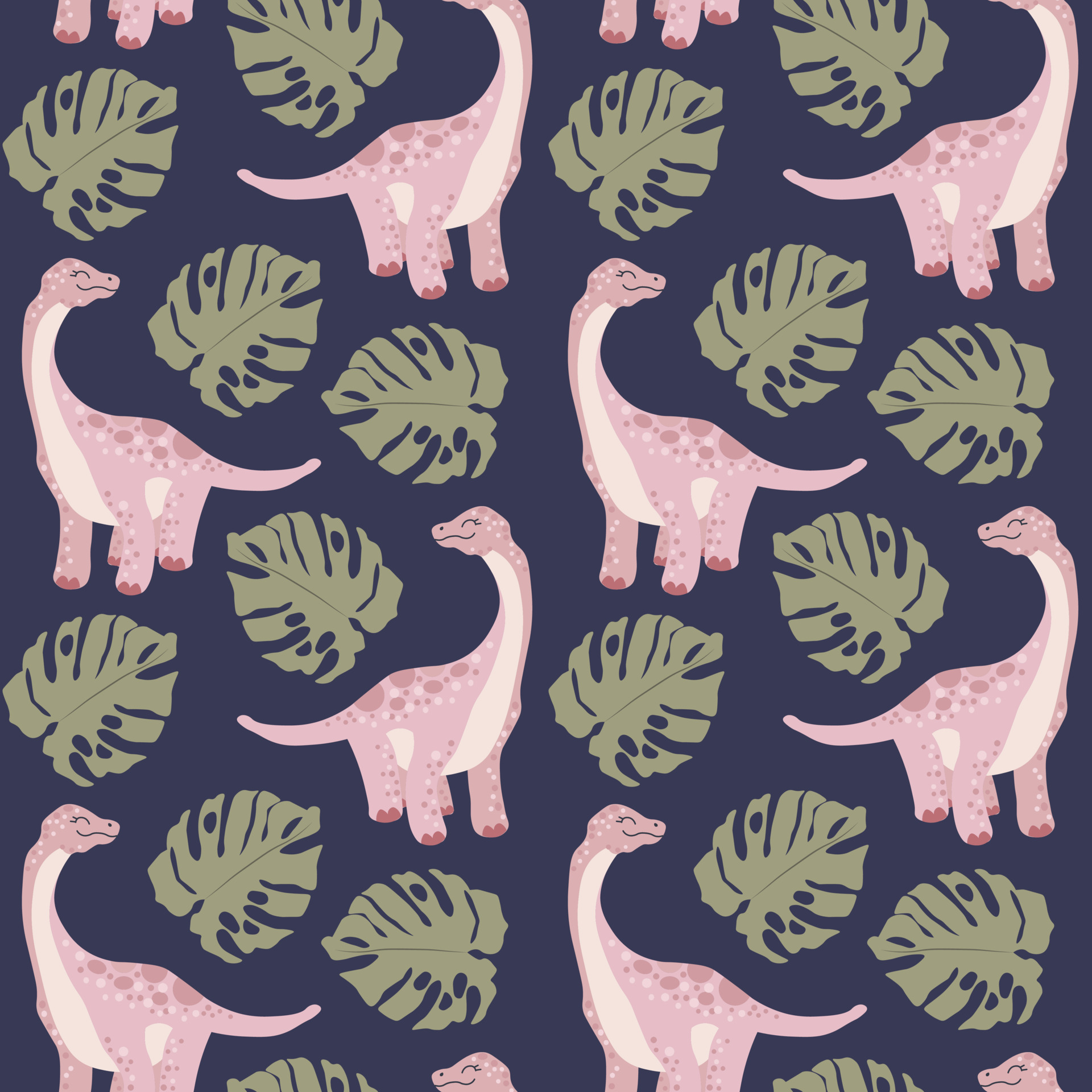Seamless pattern, print, cute pink dinosaurs and tropical monstera leaves on a blue background. Textiles, wallpaper, cover, decor for kids bedroom