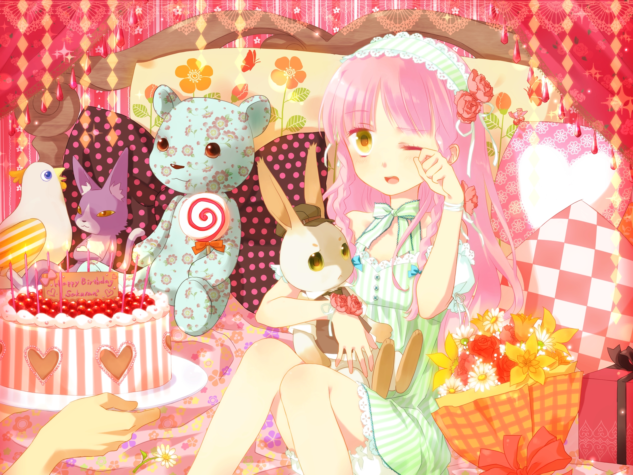 Animal Bed Bird Candy Flowers Lollipop Okitune Sama Original Pink Hair Rabbit Teddy Bear Birthday Wallpaperx1654