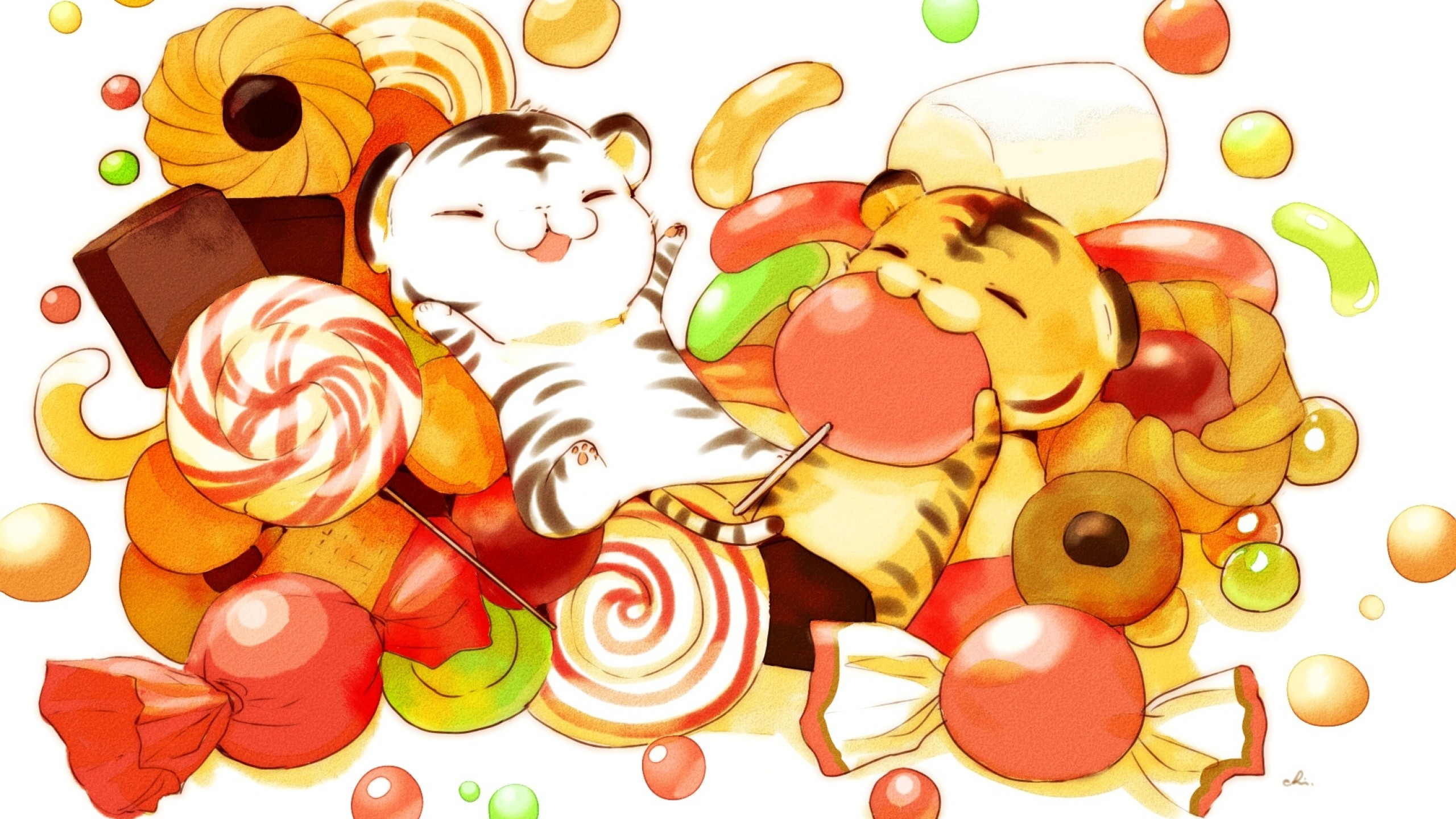 Download 2560x1440 Cute Anime Creatures, Lollipop, Dessert, Candy, Anime Food Wallpaper for iMac 27 inch