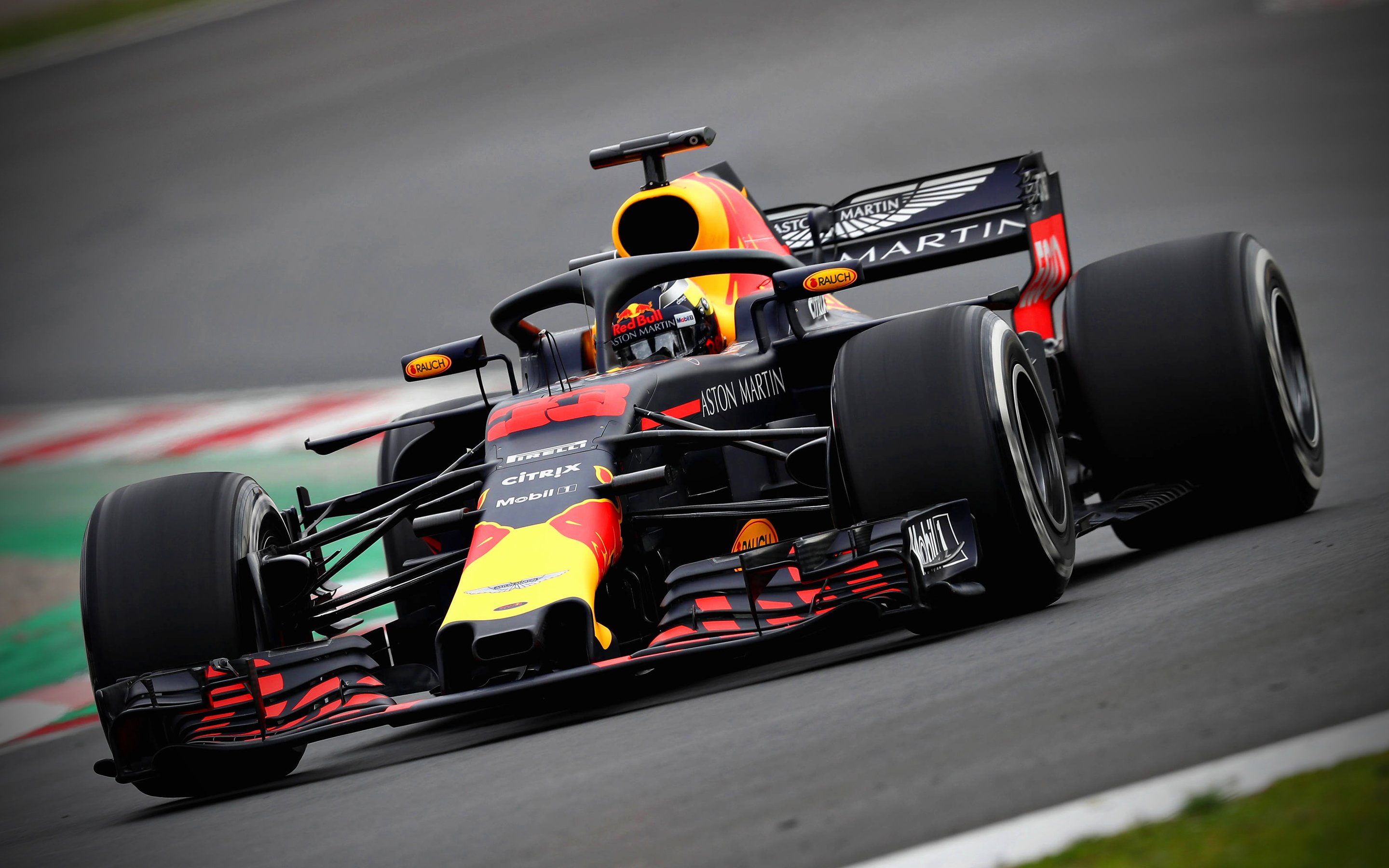 Download wallpaper Max Verstappen, F 4k, raceway, RB 2018 cars, Formula HALO, Aston Martin Red Bull Racing, Verstappen, Formula One, Red Bull Racing RB14 for desktop with resolution 2880x1800. High Quality