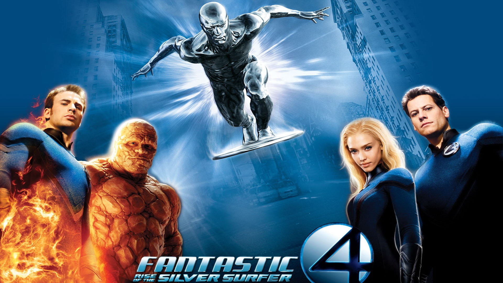 Download Wallpaper 1920x1080 fantastic rise of the silver surfer, team, mr fantastic, reed richards, invisible woman, susan storm, human torch, johnny storm, the thing, ben grimm Full HD 1080p HD Background
