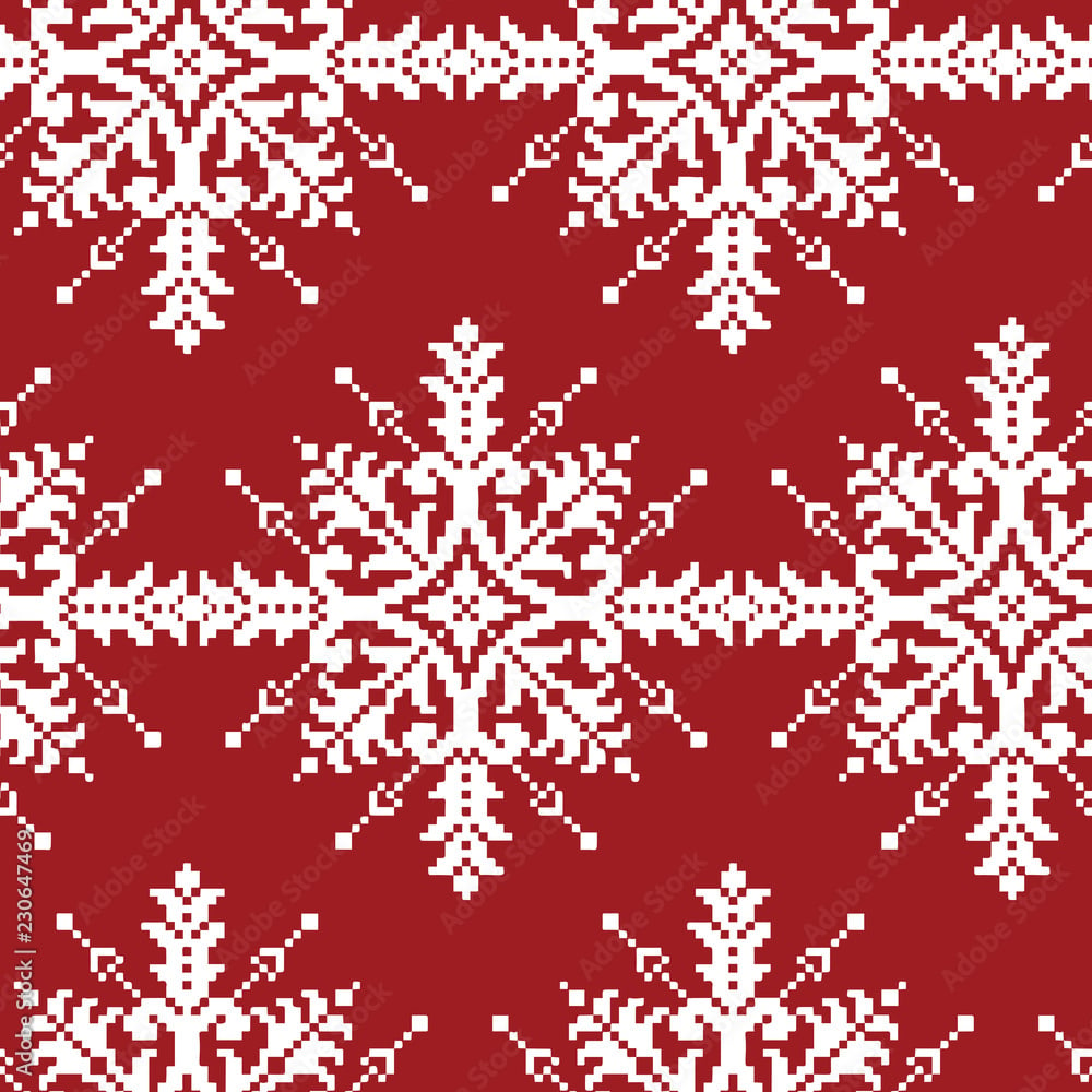 White Cross Stitch Snowflakes Seamless Pattern On Red. Traditional Christmas Wallpaper Stock Vector