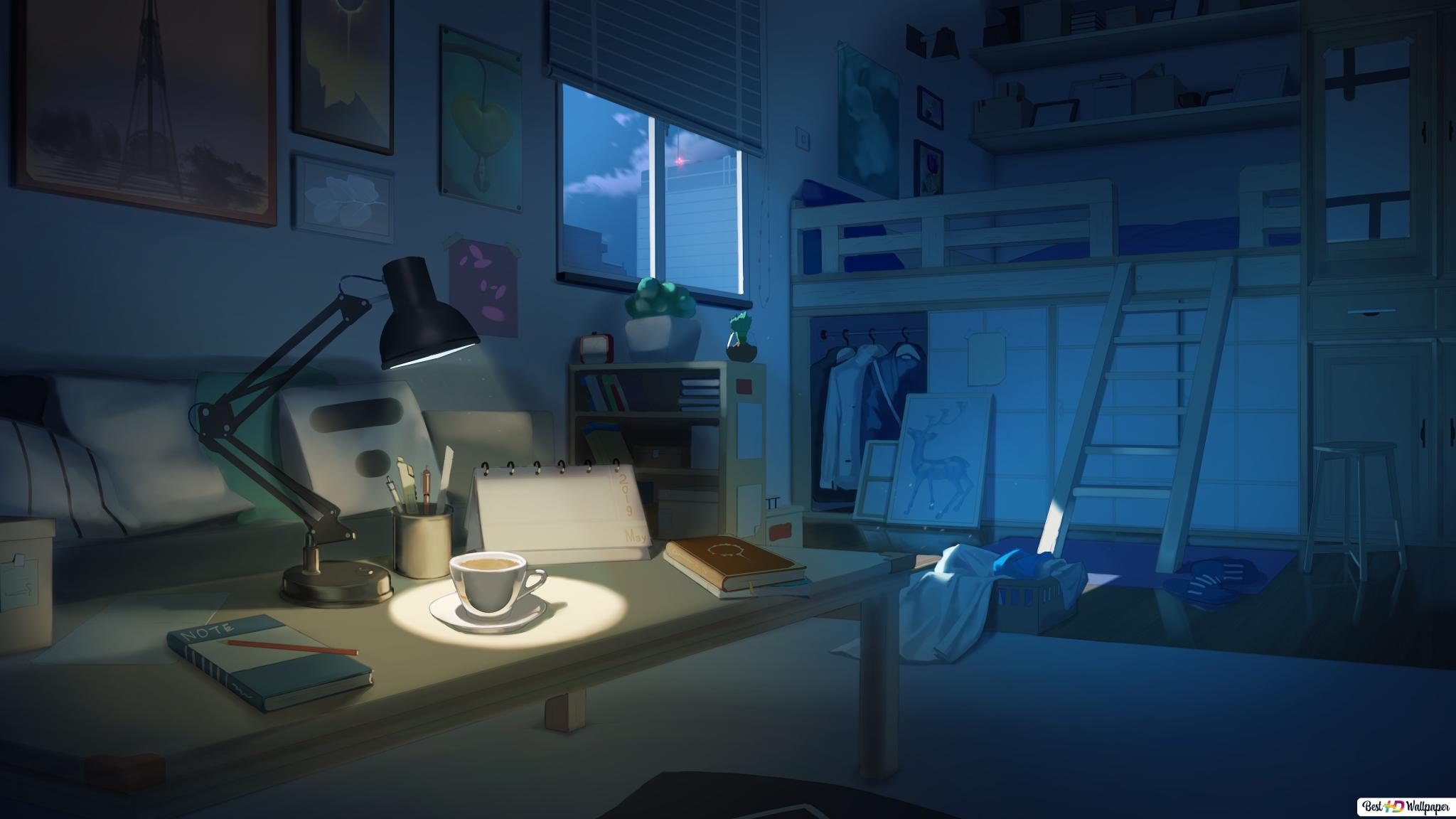 Anime, Room, Computer, Night, HD wallpaper