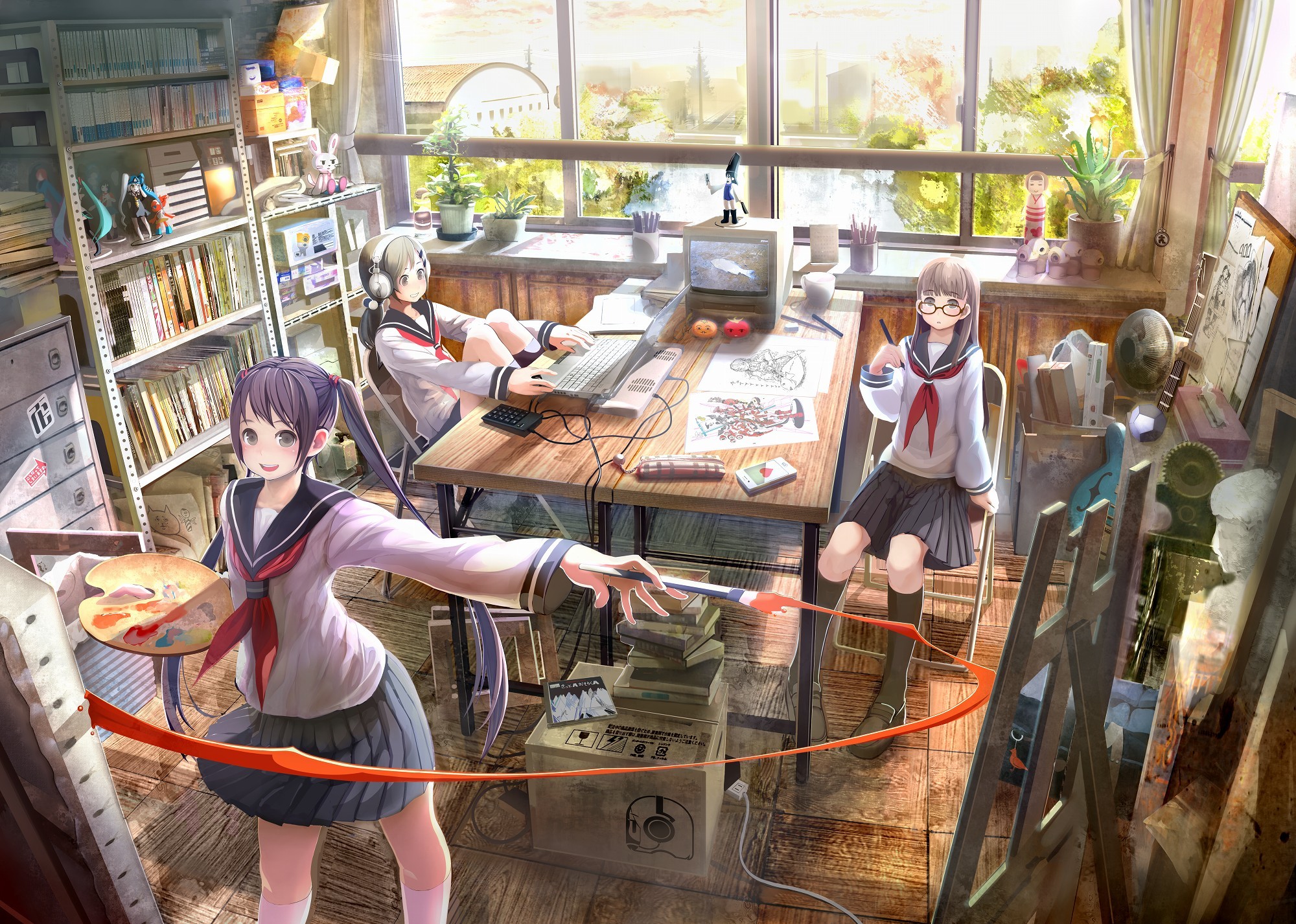 Detailed Anime Girls Anime Room Computer Interior Wallpaper:2000x1427