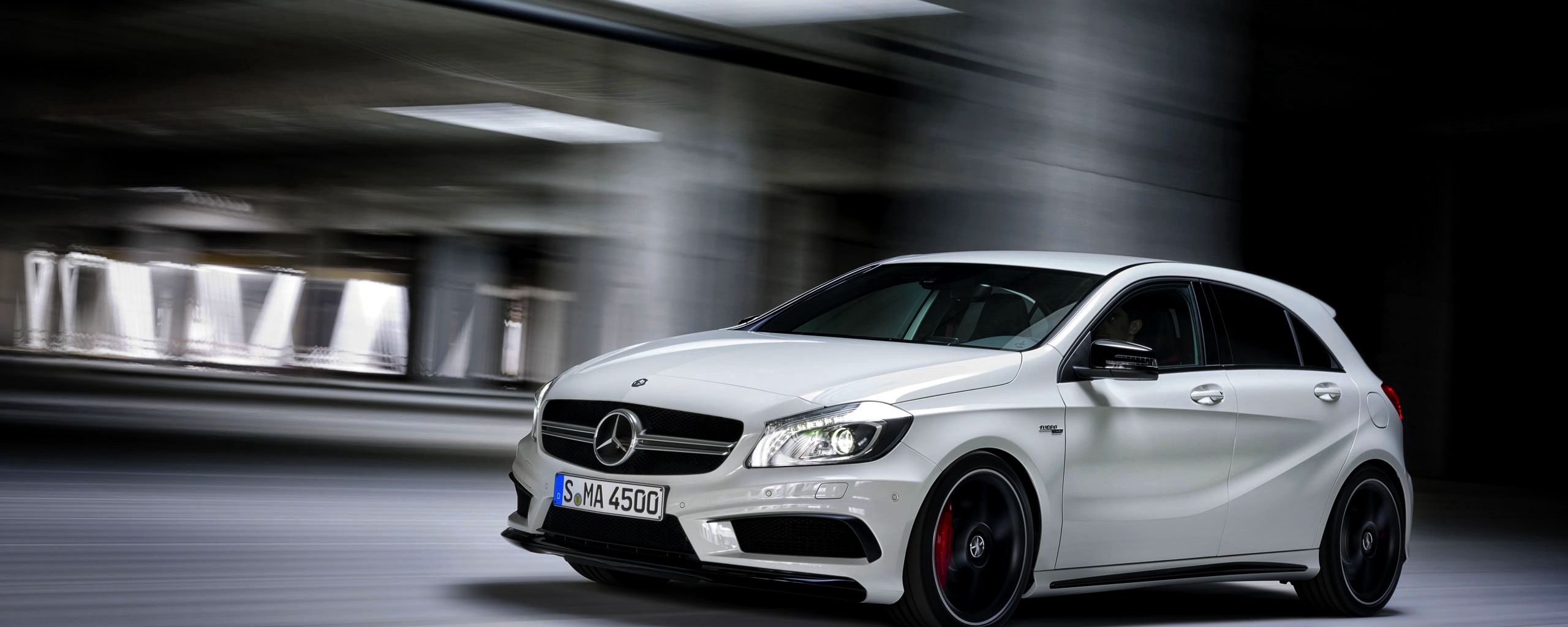 Download Wallpaper 2560x1024 Mercedes Benz, A45, Amg, White, Side View Ultrawide Monitor HD Background