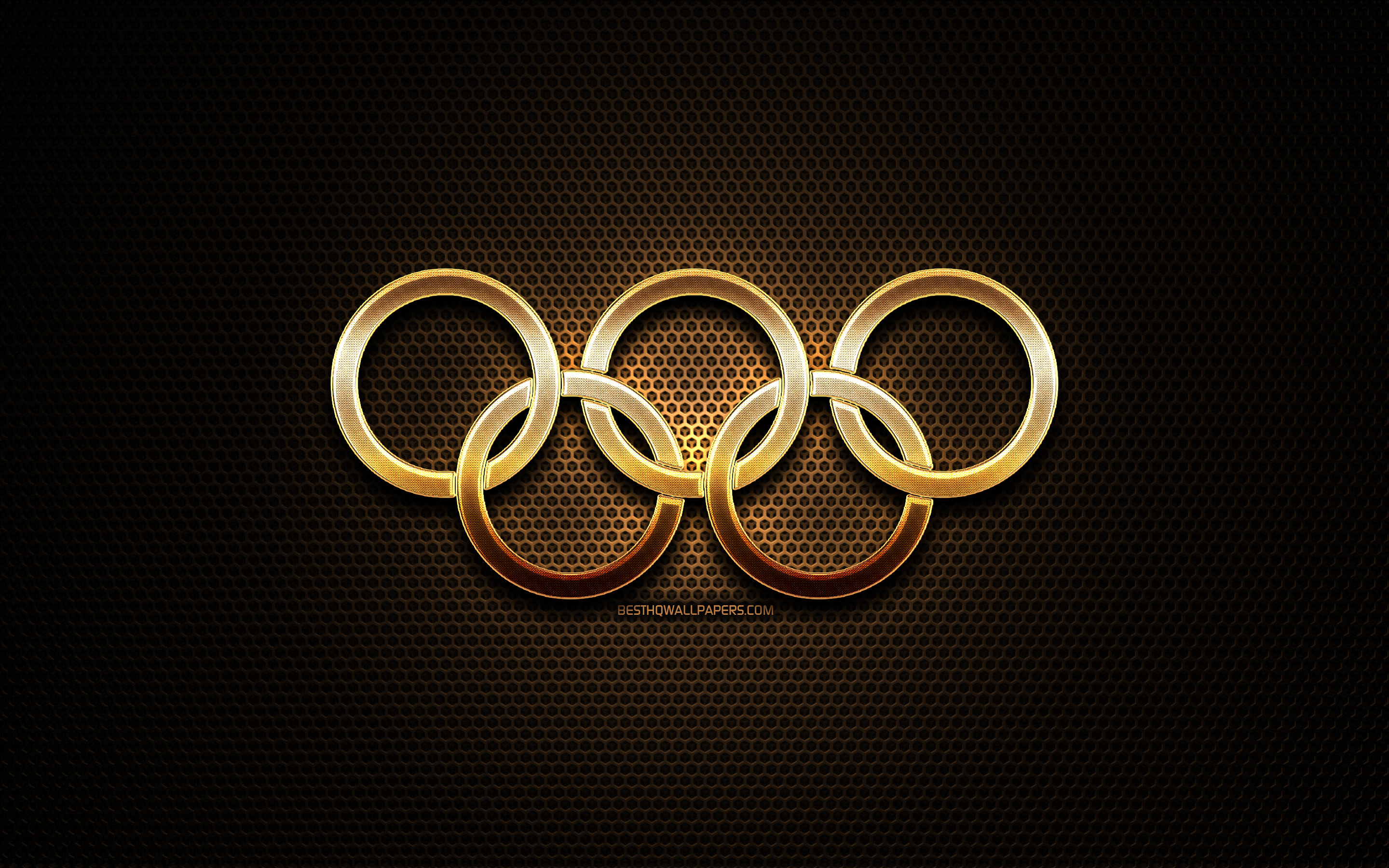 Download wallpaper Golden Olympic rings, gold glitter rings, artwork, metal grid background, creative, olympic symbols, Gold Olympic Rings for desktop with resolution 2880x1800. High Quality HD picture wallpaper