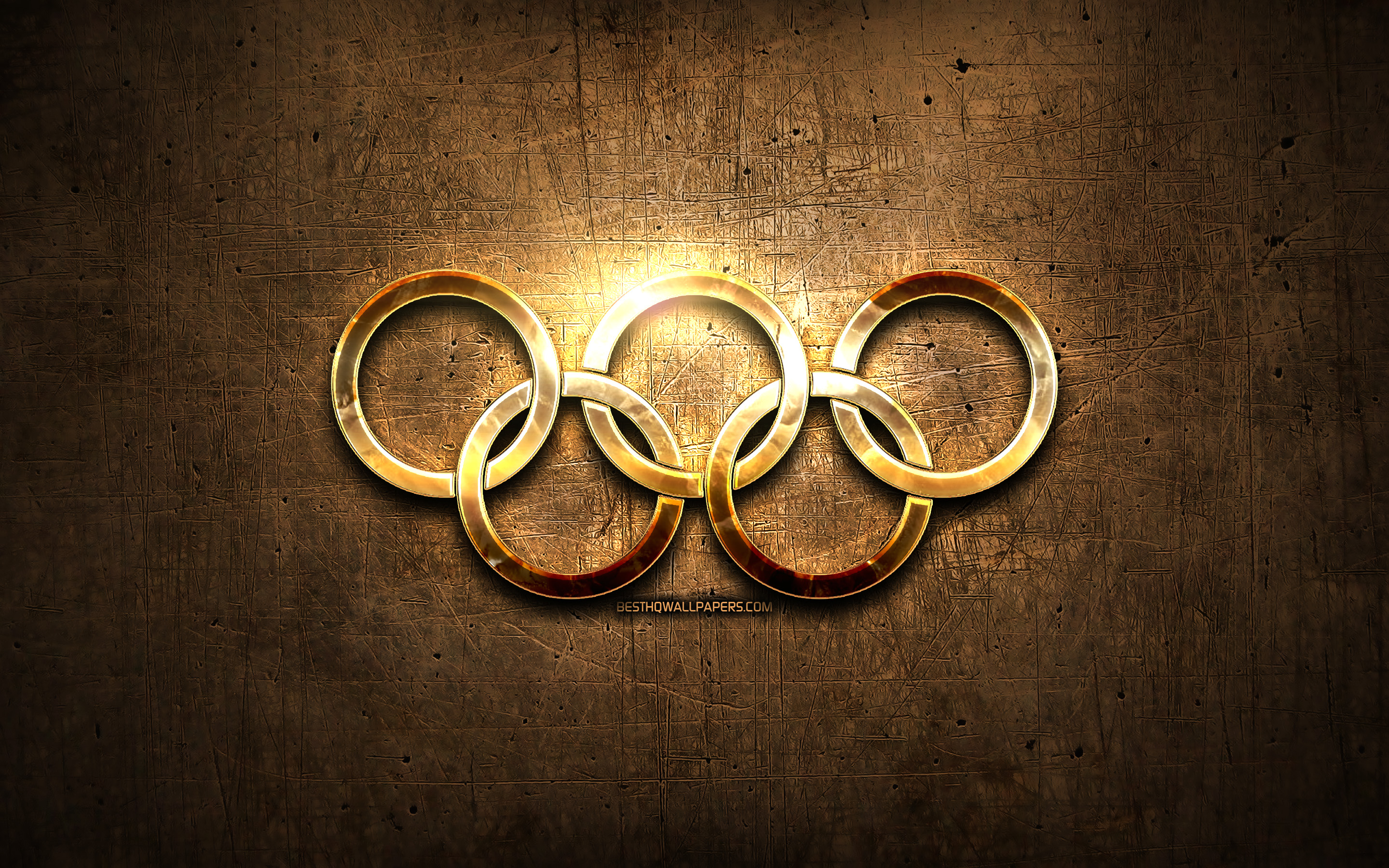 Download wallpaper Gold Olympic rings, golden rings, artwork, brown metal background, creative, olympic symbols, Golden Olympic Rings for desktop with resolution 2880x1800. High Quality HD picture wallpaper