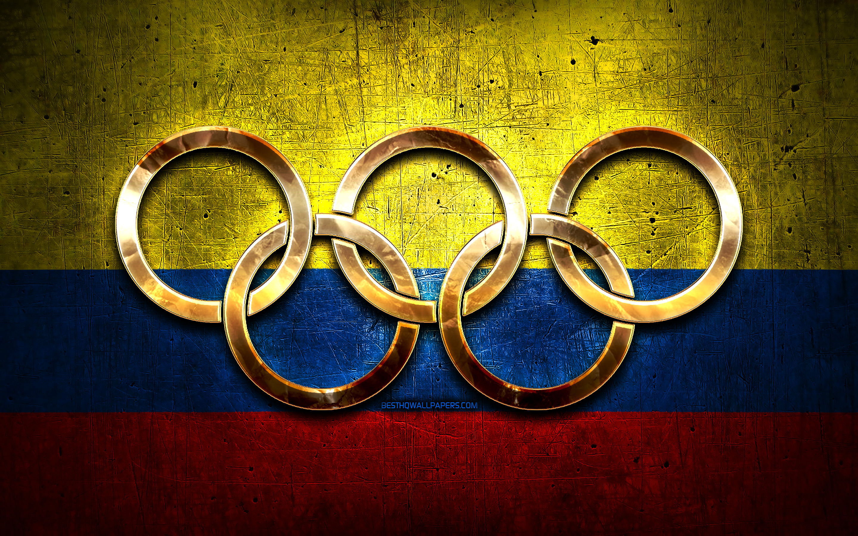 Download wallpaper Colombian olympic team, golden olympic rings, Colombia at the Olympics, creative, Colombian flag, metal background, Colombia Olympic Team, flag of Colombia for desktop with resolution 2880x1800. High Quality HD picture