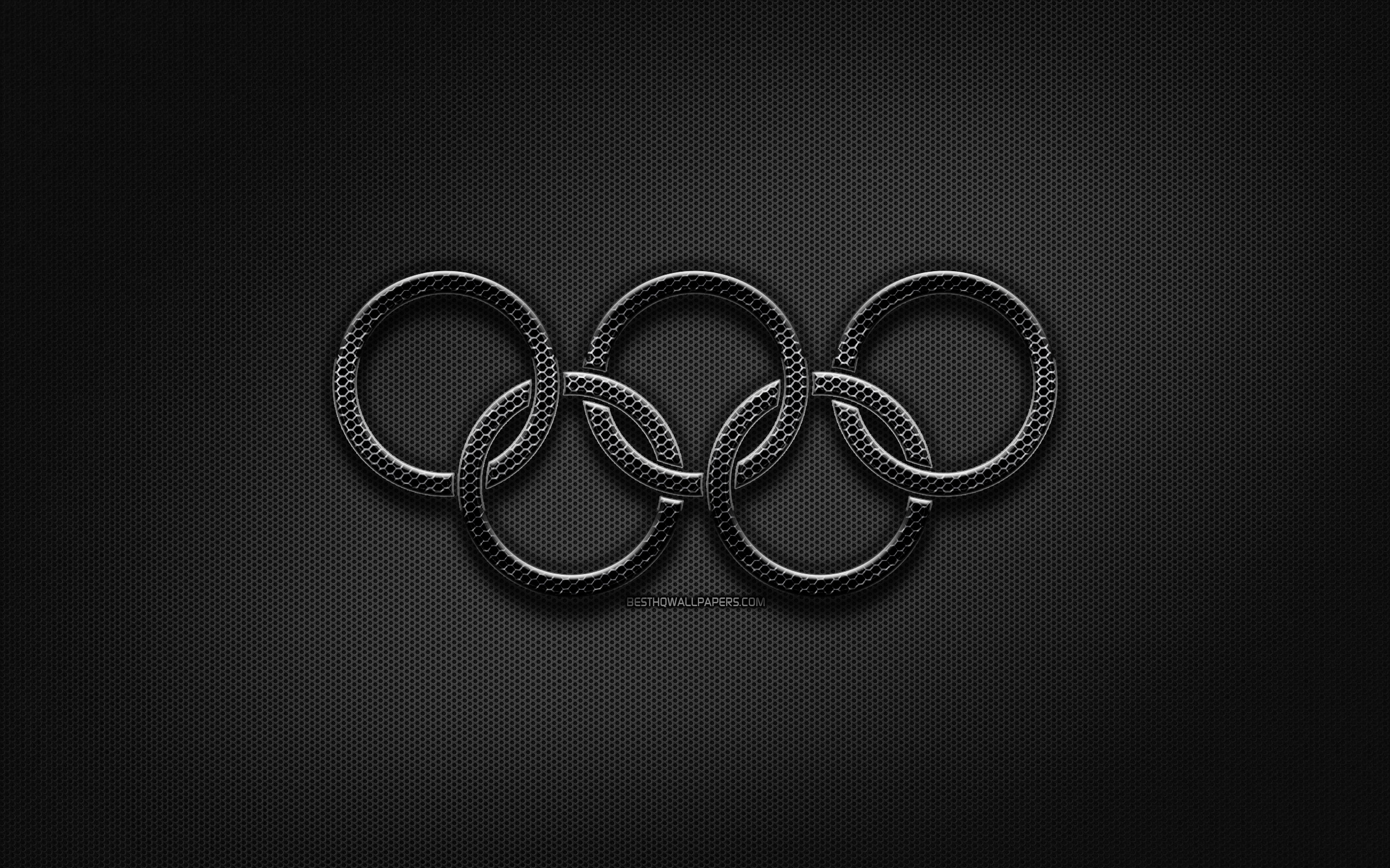 Download wallpaper Olympic rings, black metal rings, artwork, creative, grid metal background, olympic symbols, Metal Olympic Rings for desktop with resolution 2880x1800. High Quality HD picture wallpaper