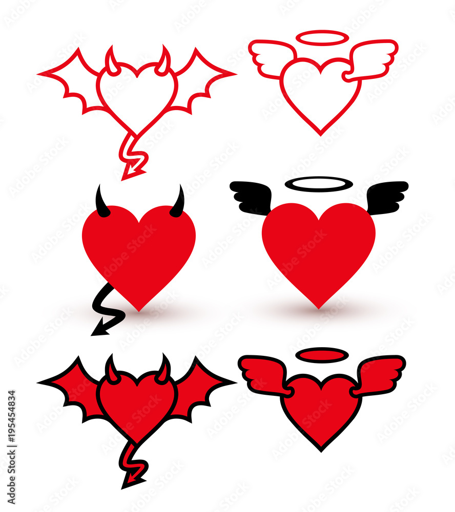 Set of Devil Love with demon wing, horn, tail and angel hearts icon. Simple heart line style logo design. Vector illustration. Isolated on white background Stock Vector