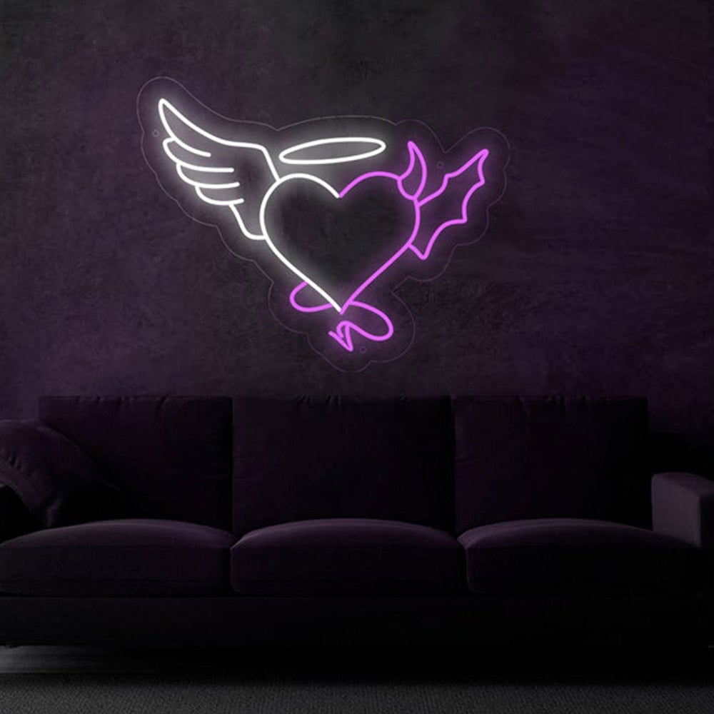 Angel and devil neon sign, Angel and devil led sign, Angel and devil neon light, Heart neon sign, Led sign heart for wedding, halloween