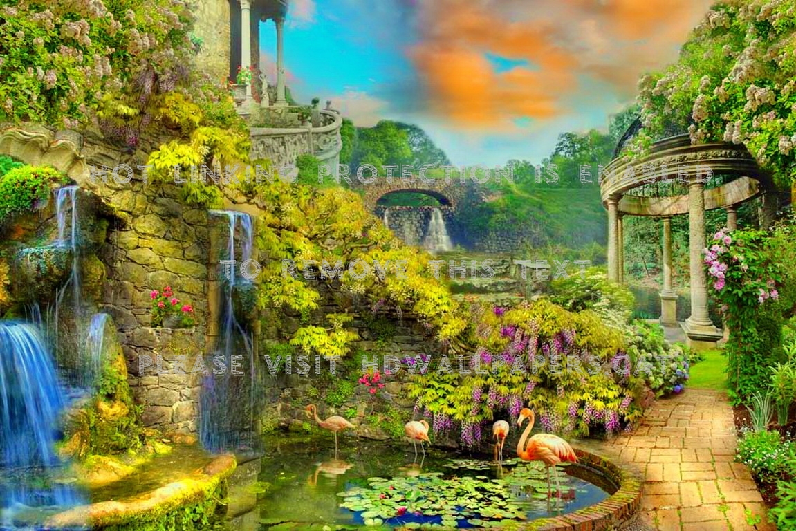 fantasy garden flowers magic waterfall pond