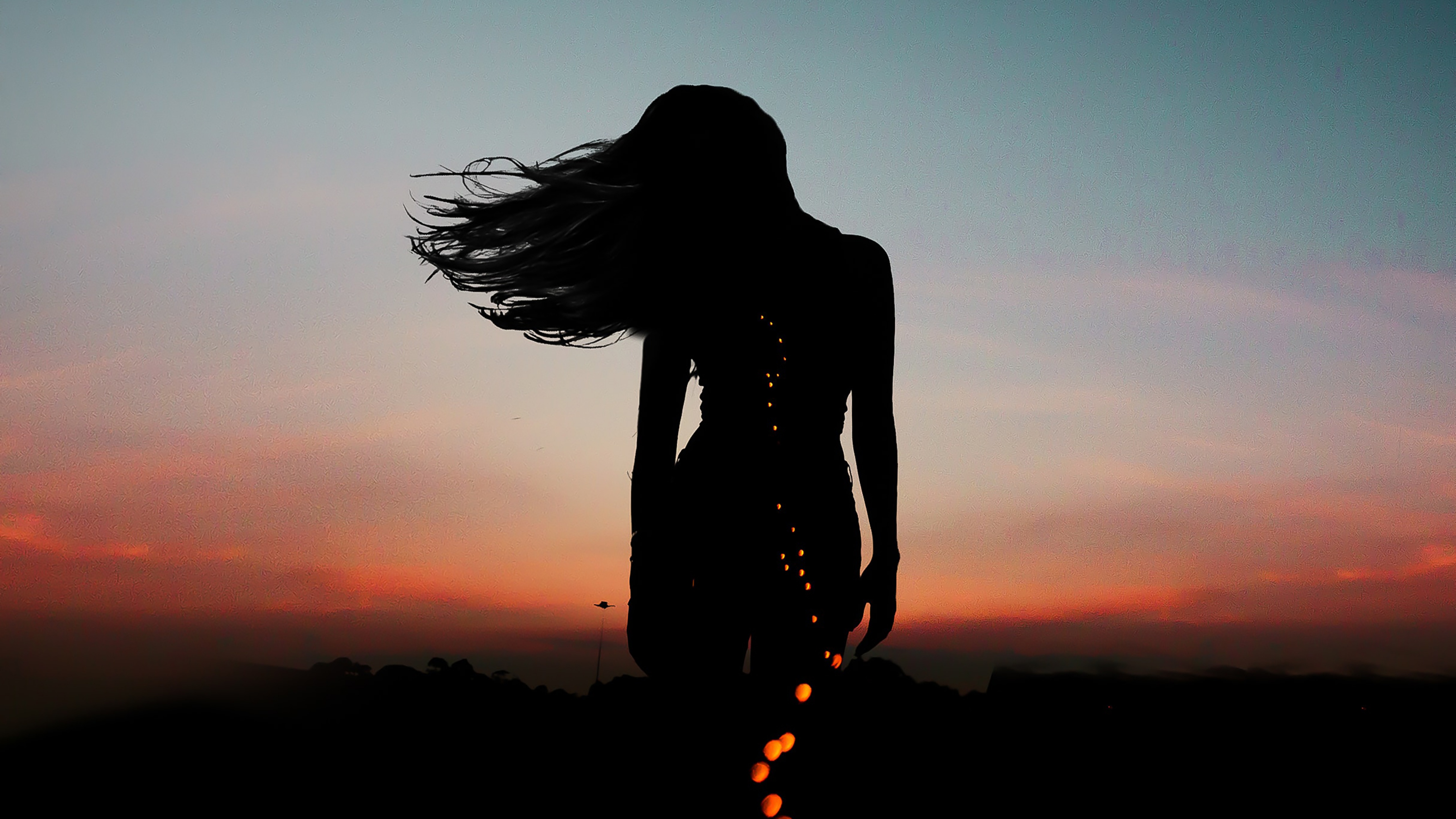 Girl Wallpaper 4K, Silhouette, Aesthetic, Mood, Bokeh, Evening sky, Photography