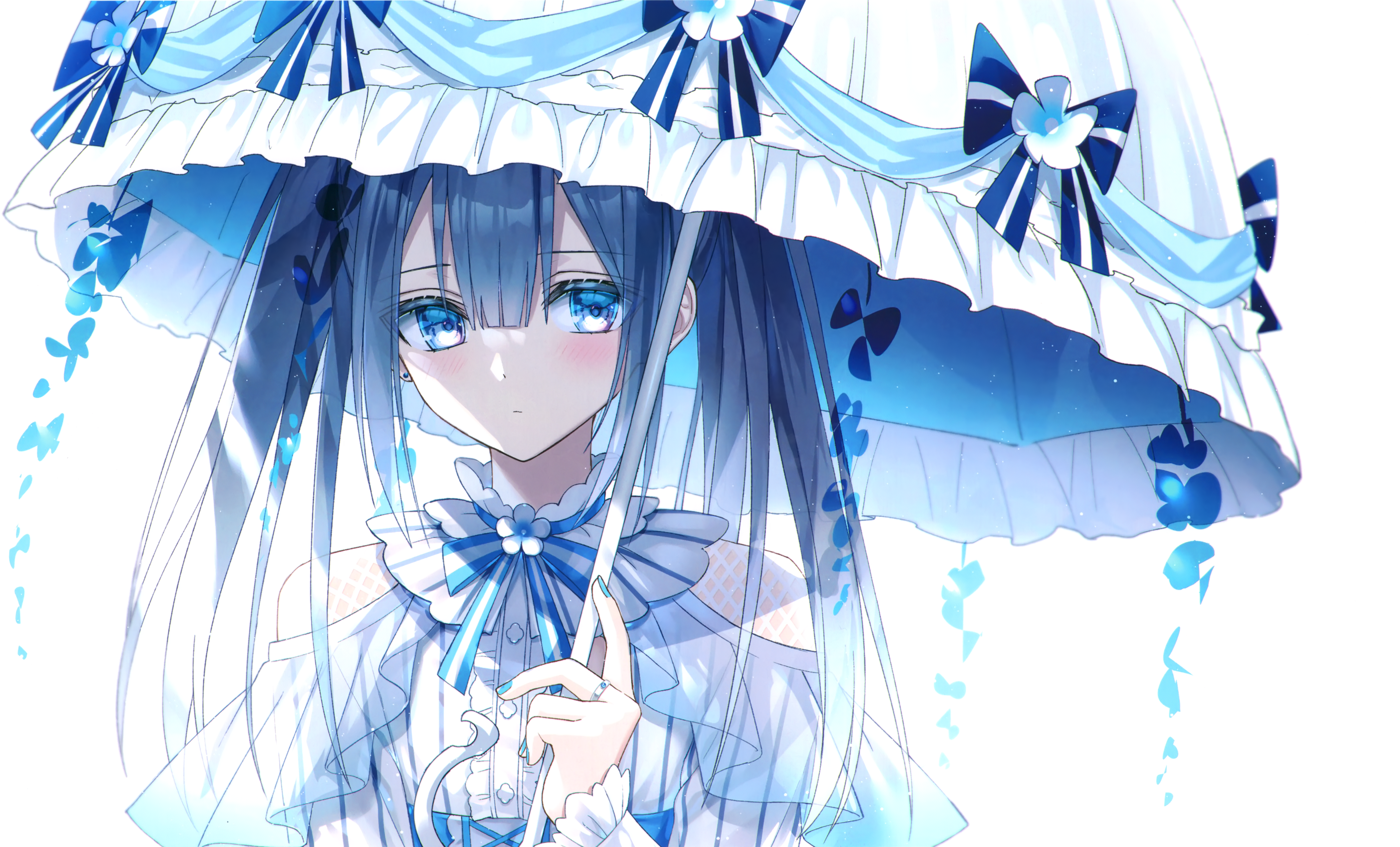 Girl 4k Ultra HD Wallpaper, Long Hair, Blue Hair, Umbrella, Blue Eyes HD Wallpaper
