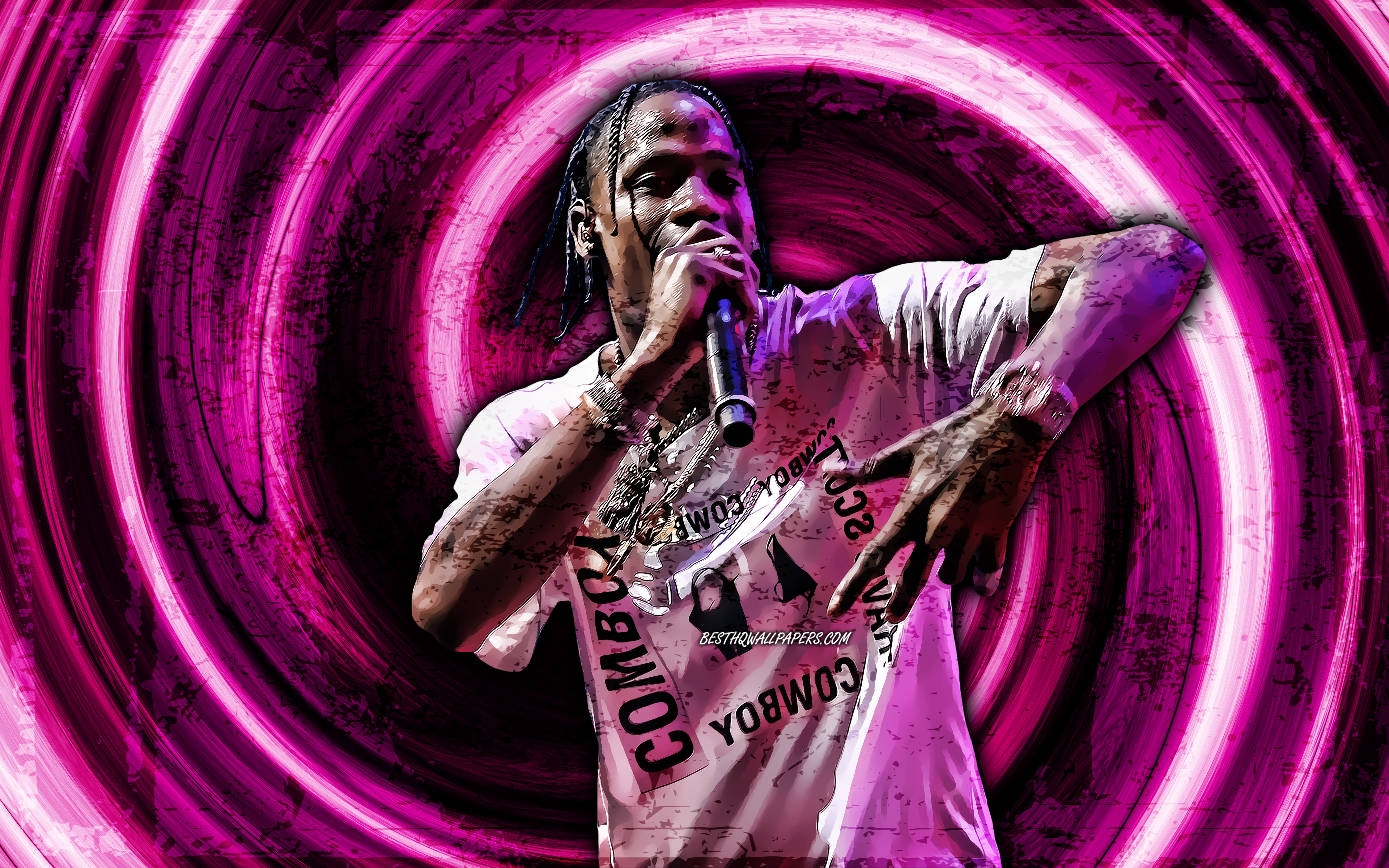 Download wallpaper 4k, Travis Scott, purple grunge background, american rapper, music stars, Travis Scott with microphone, vortex, Jacques Berman Webster II, creative, Travis Scott 4K for desktop with resolution 3840x2400. High Quality