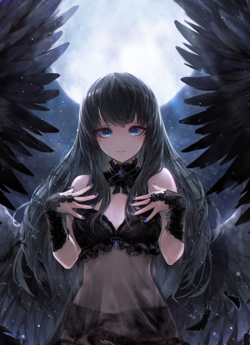 Download wallpaper 840x1160 black angel, cute, anime girl, art, iphone iphone 4s, ipod touch, 840x1160 HD background, 15859