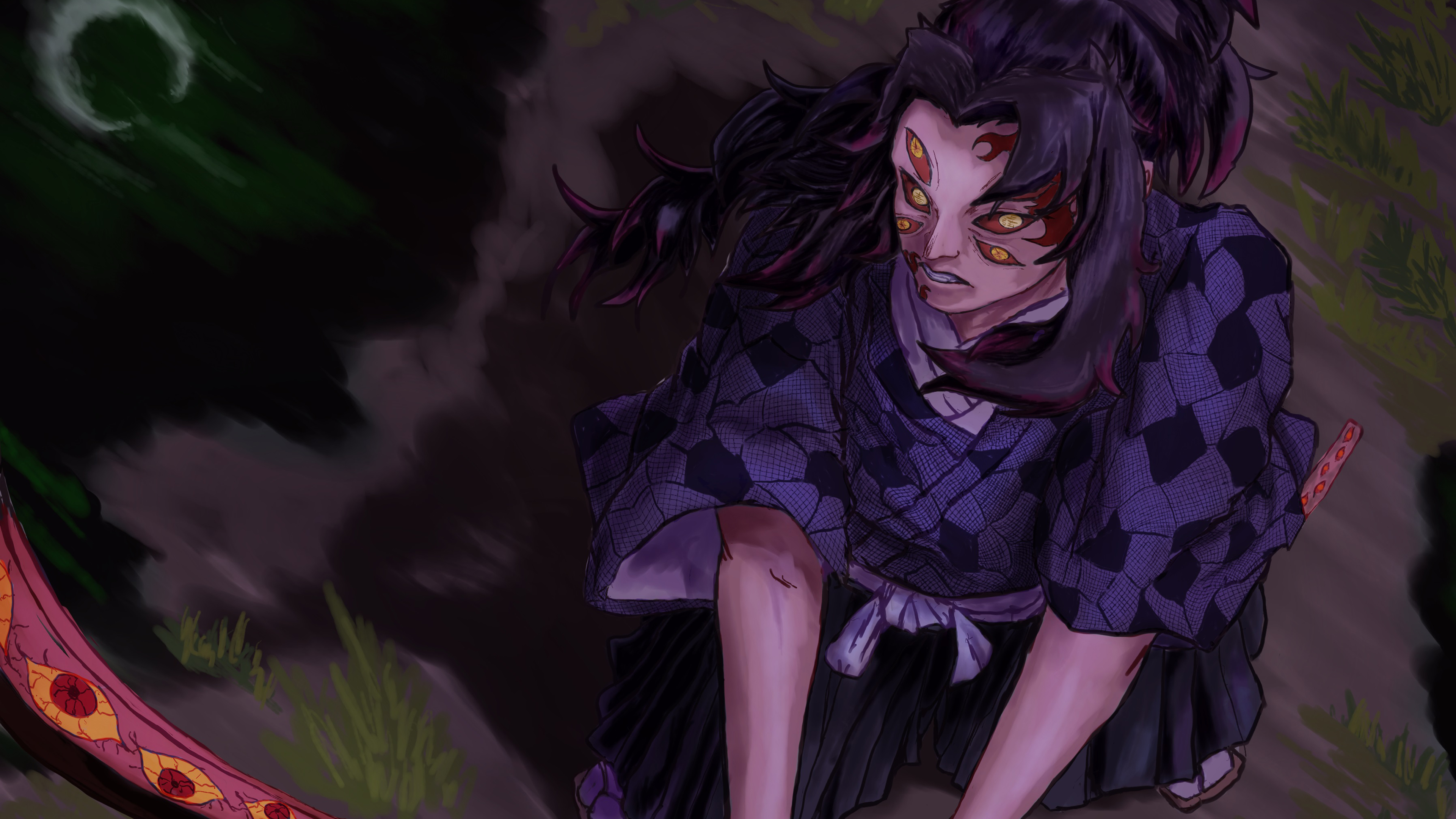 Demon Slayer Kimetsu no Yaiba Kokushibou Sitting On Ground 4K HD Anime Wallpaper