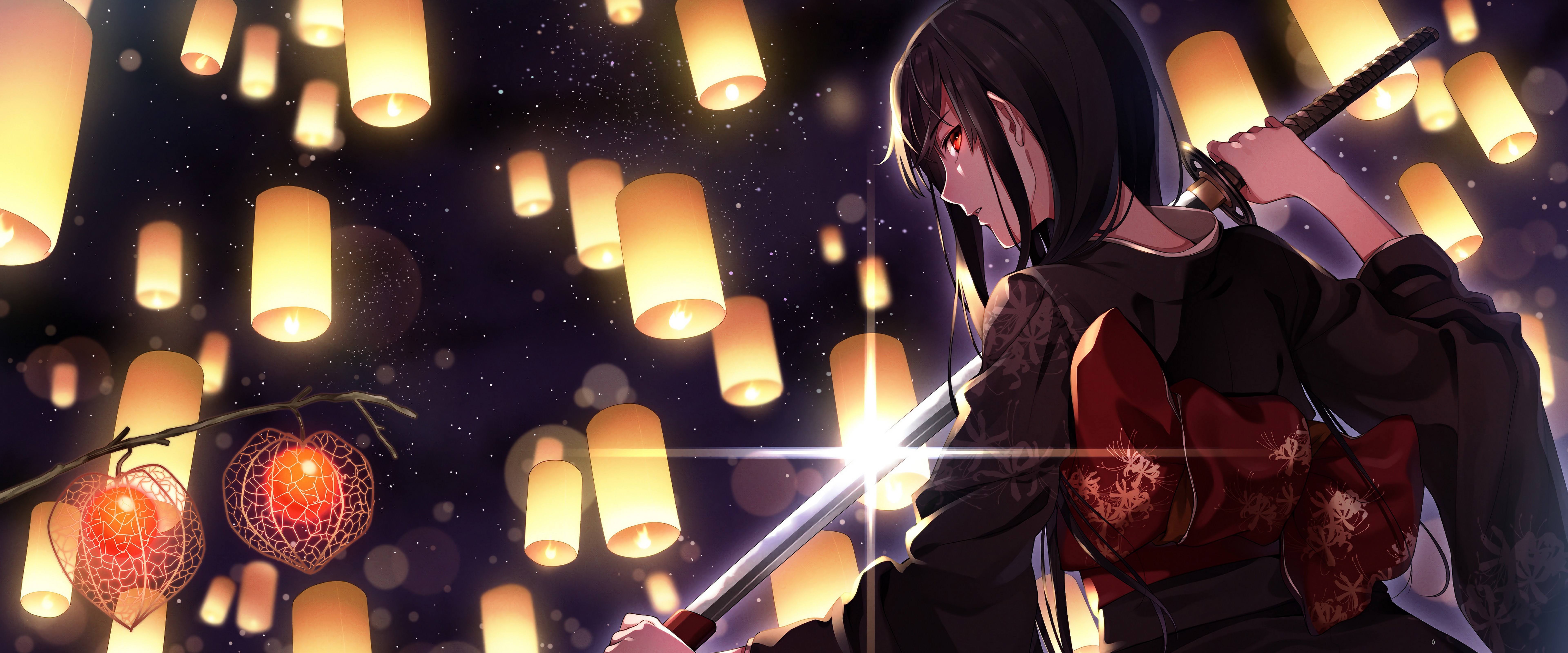 Anime Girl Samurai Kimono Katana PC DeskK Wallpaper free Download