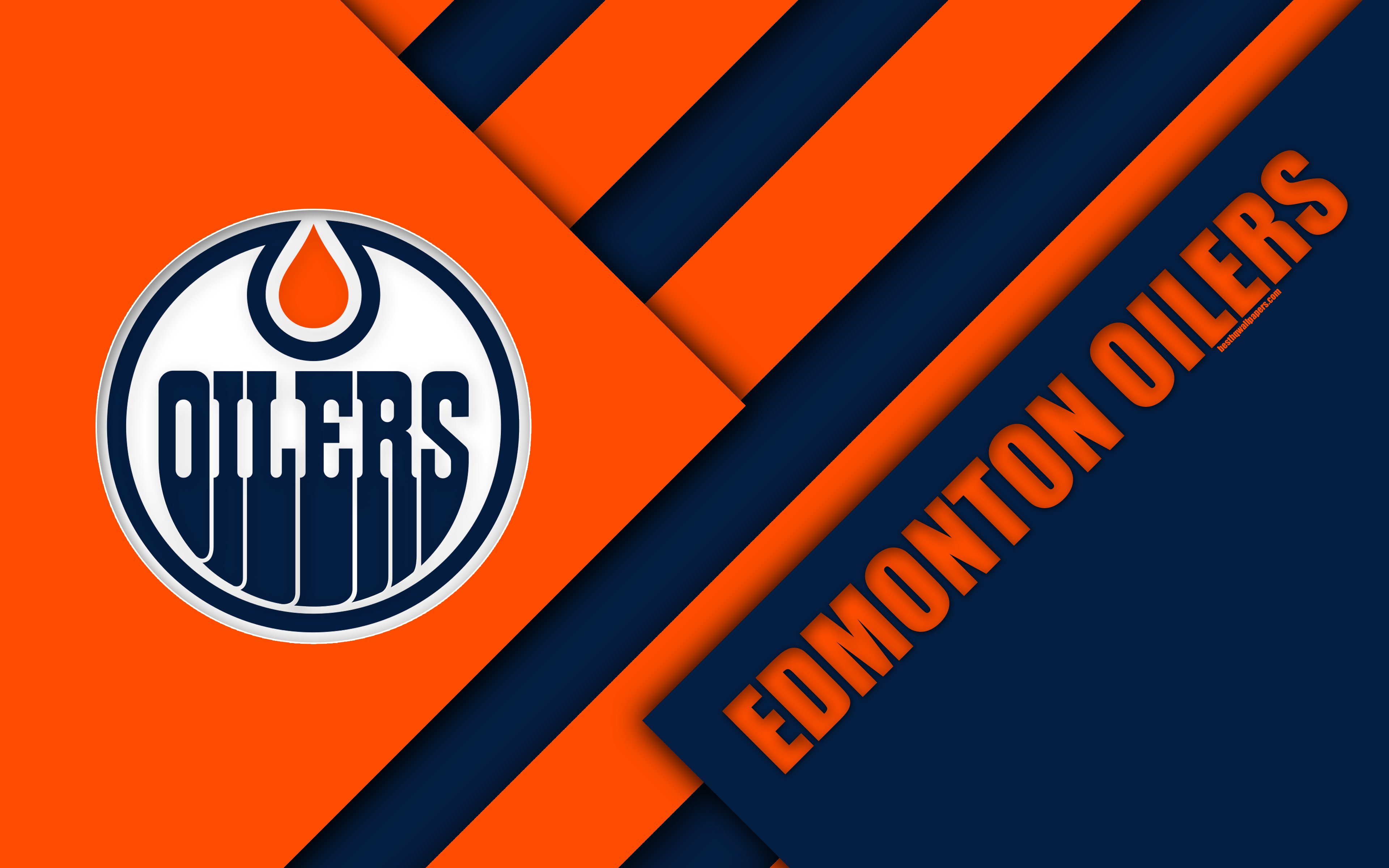 Download wallpaper Edmonton Oilers, Edmonton, Canada, 4k, material design, logo, NHL, orange blue abstraction, lines, hockey club, USA, National Hockey League for desktop with resolution 3840x2400. High Quality HD picture wallpaper